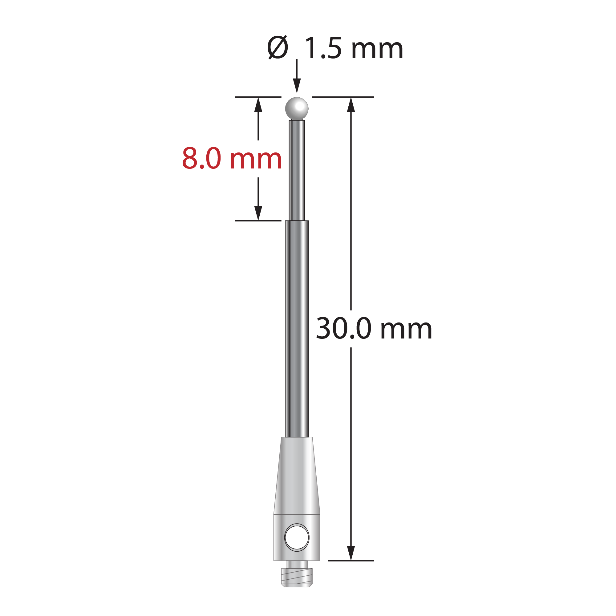 TM2-1530-Z M2 stylus with 1.5mm zirconia ball, carbide stem, and stainless steel base, 30mm long.