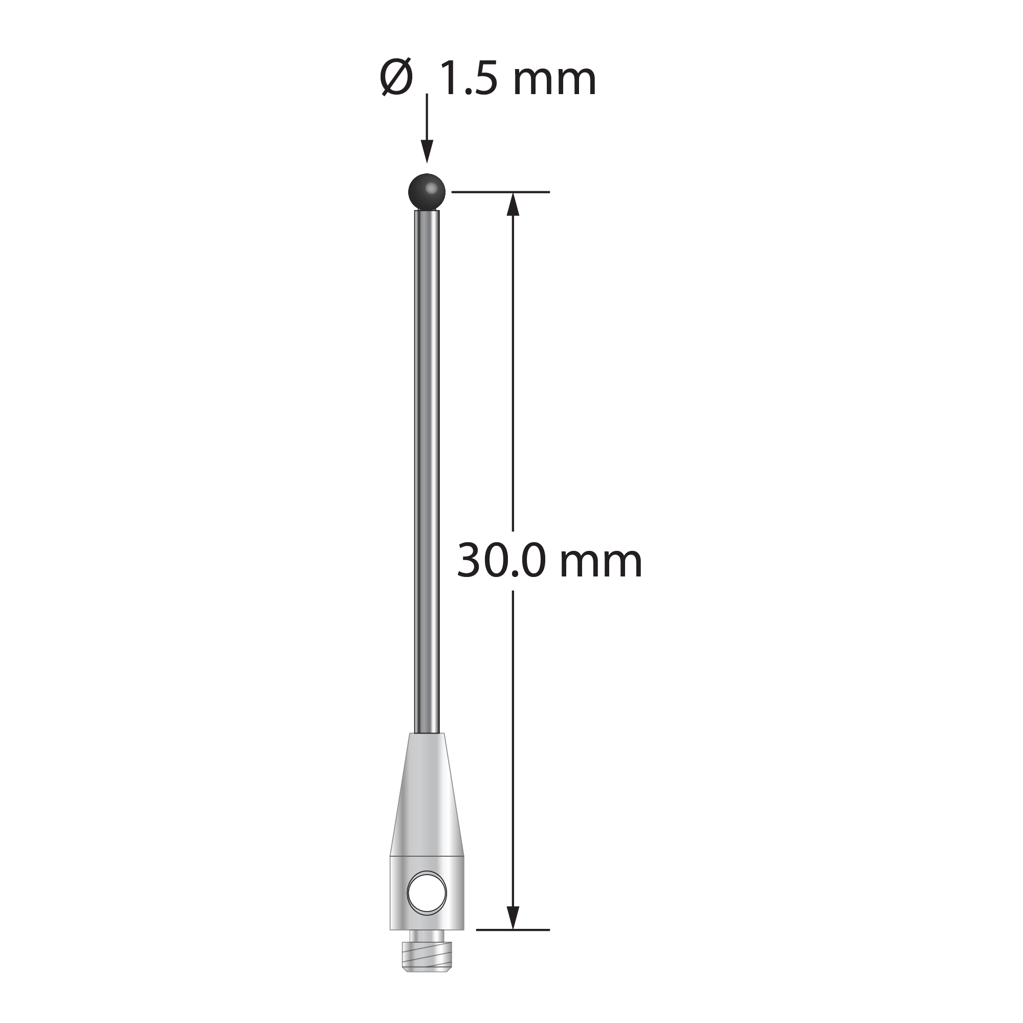 TM2-1530.75-DS1-SN M2 stylus with 1.5mm silicon nitride ball, carbide stem, stainless steel base, 30mm length by Q-Mark.