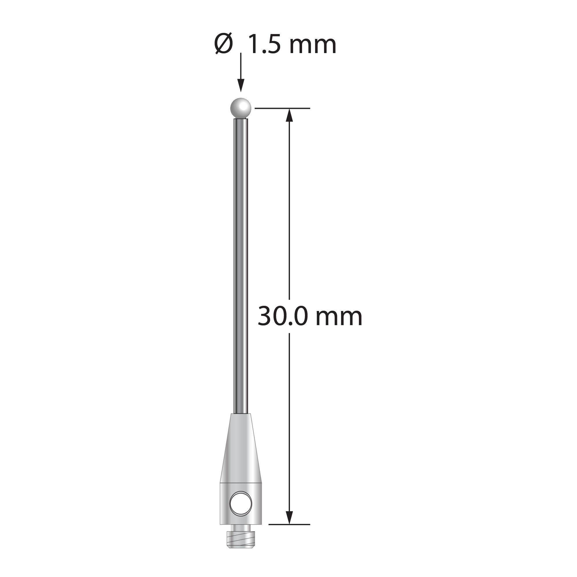 TM2-1530.75-DS1-Z M2 stylus with 1.5mm zirconia ball, carbide stem, and stainless steel base by Q-Mark Manufacturing, Inc.