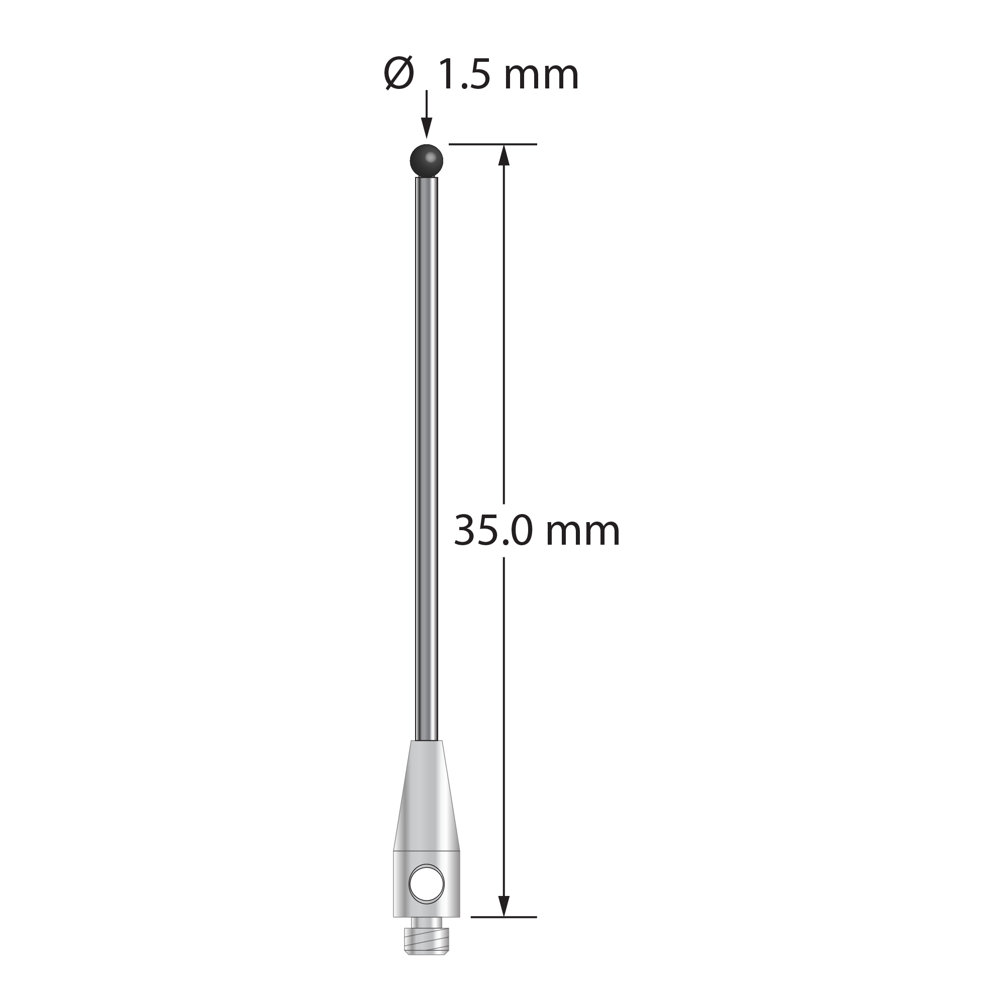 TM2-1535-DS1-SN M2 stylus with 1.5mm silicon nitride ball, carbide stem, and stainless steel base, 35mm long.