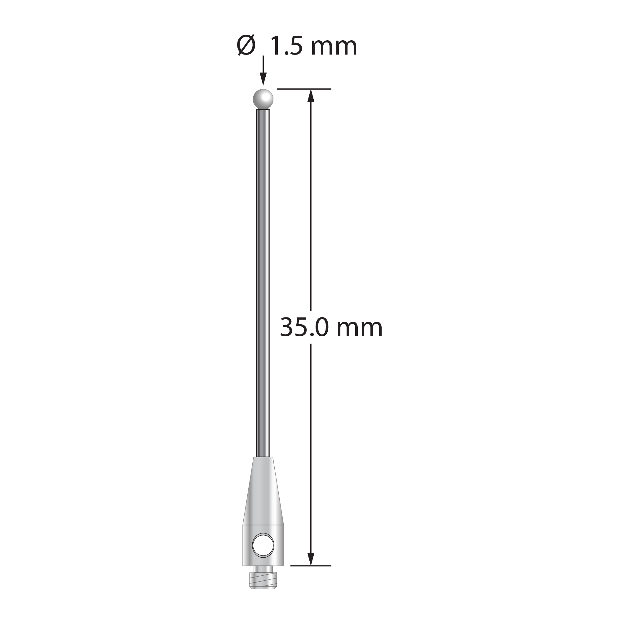 TM2-1535-DS1-Z M2 stylus with 1.5mm zirconia ball, carbide stem, stainless steel base, 35mm long.