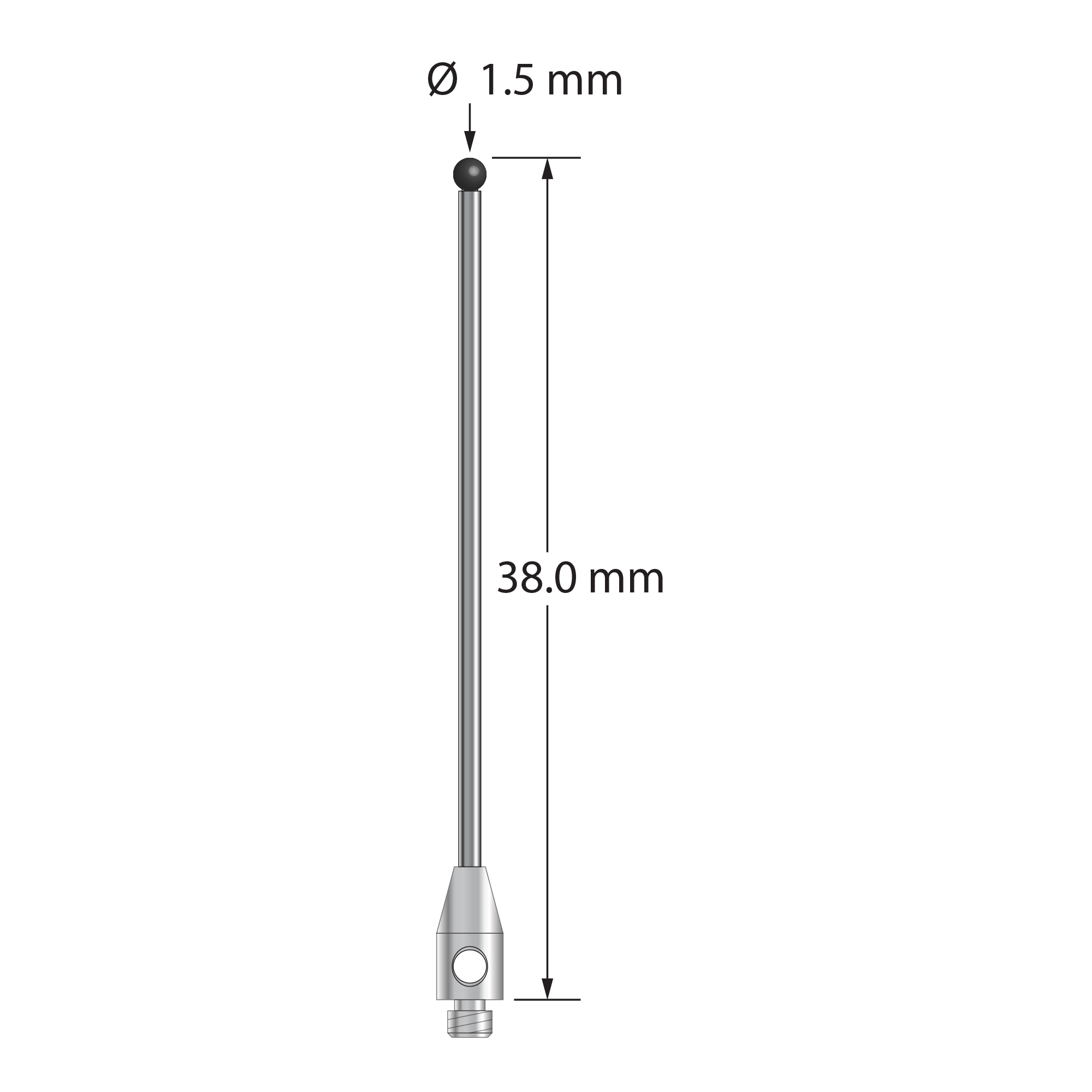 TM2-1538-DS1-SN M2 stylus with 1.5mm silicon nitride ball, carbide stem, and stainless steel base, 38mm long.