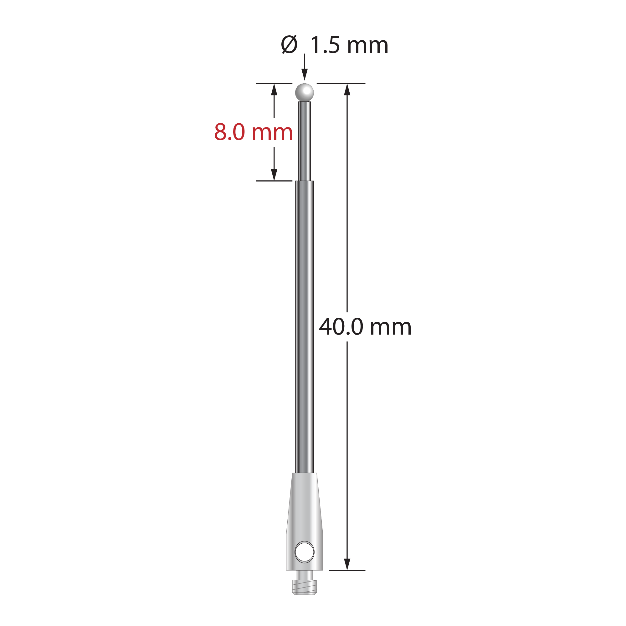 M2 stylus with 1.5 mm diameter zirconia ball, stepped carbide stem, and 3.0 mm diameter x 8.0 mm long stainless steel base. Minor stem diameter is 1.0 mm, major stem diameter is 1.5 mm. Overall stylus length is 40.0 mm. Stylus weight is 1.17 grams.