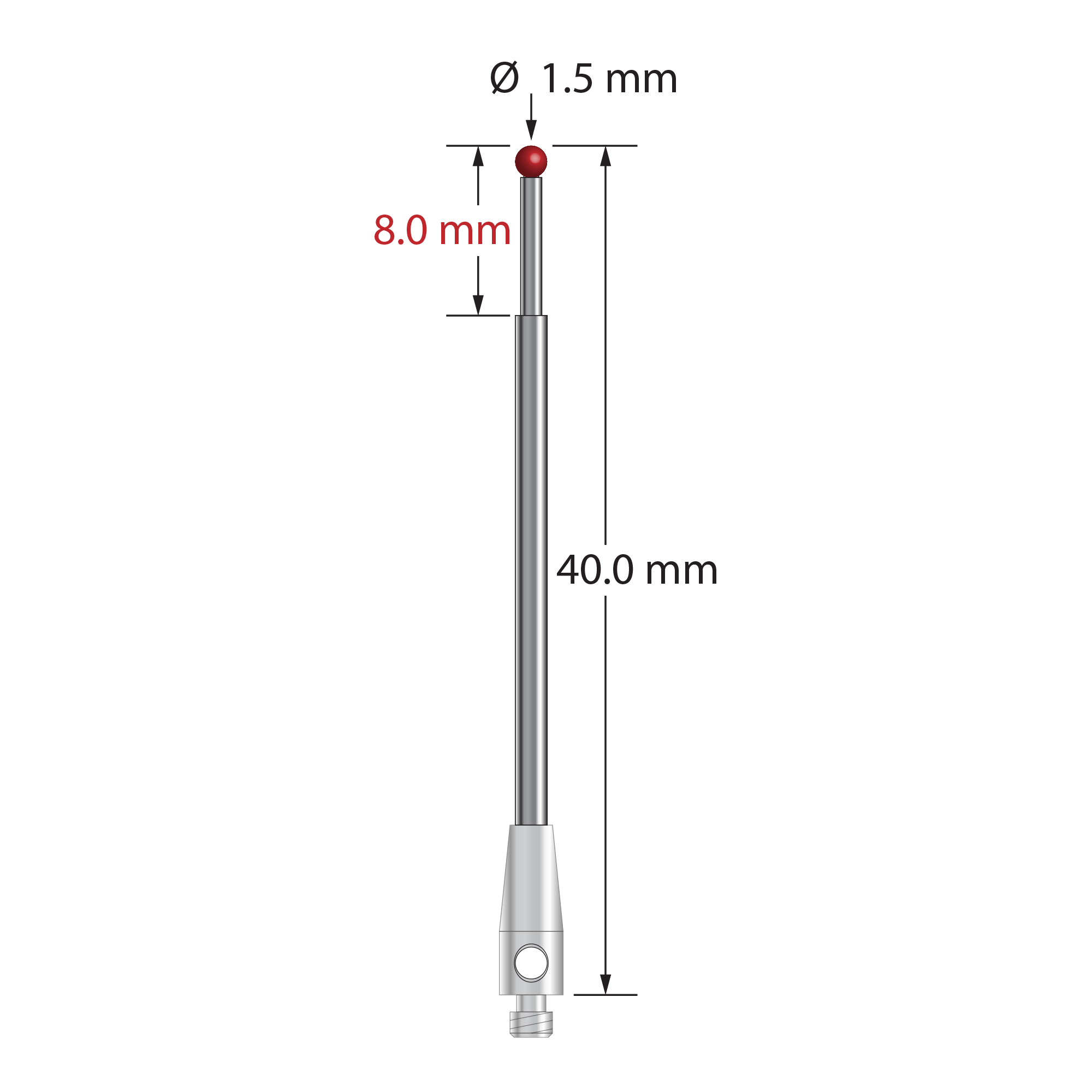 M2 stylus with 1.5 mm diameter ruby ball, stepped carbide stem, and 3.0 mm diameter x 8.0 mm long stainless steel base. Minor stem diameter is 1.0 mm, major stem diameter is 1.5 mm. Overall stylus length is 40.0 mm. Stylus weight is 1.17 grams.