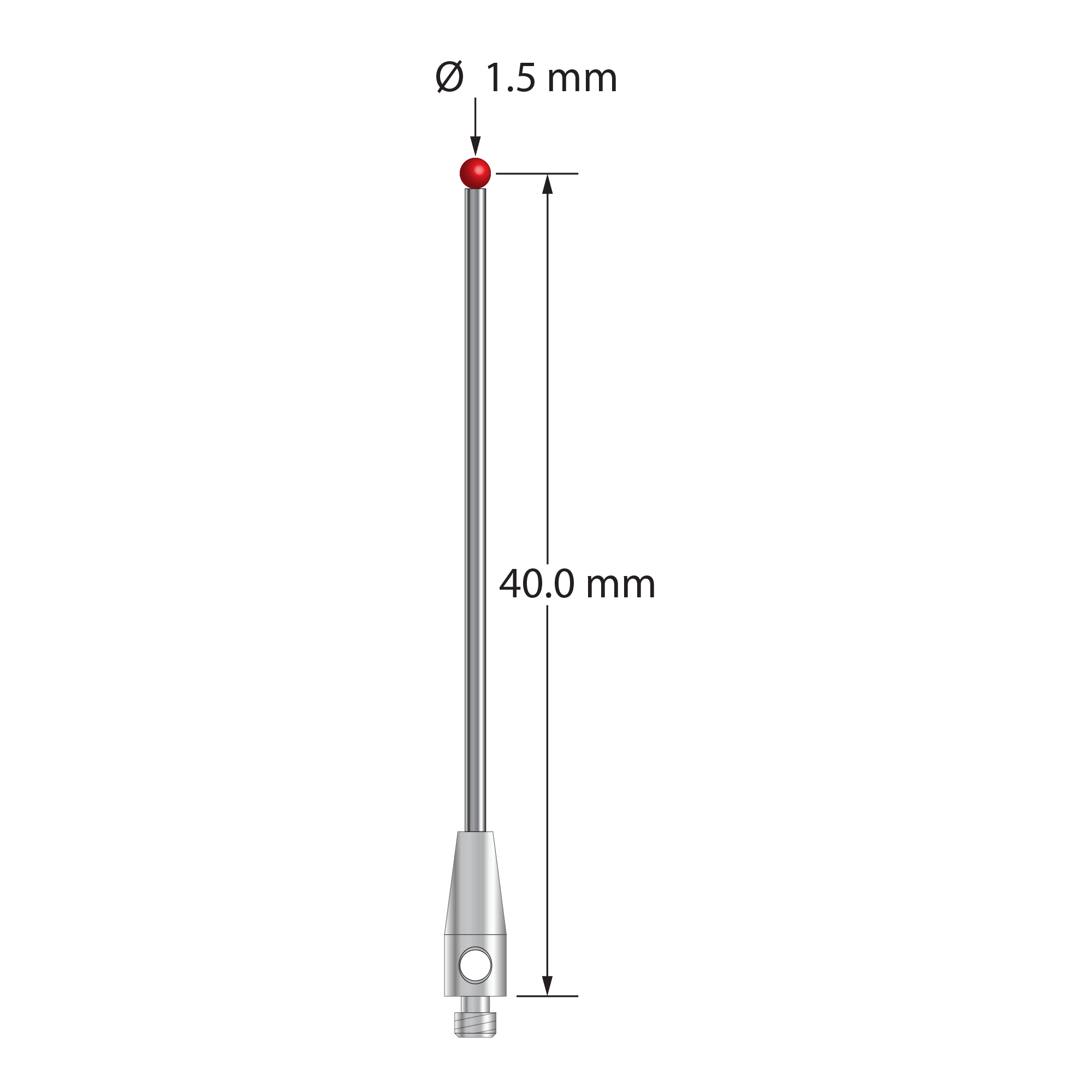 TM2-1540.75-DS1 M2 stylus with 1.5mm ruby ball, carbide stem, and stainless steel base, 40mm long by Q-Mark Manufacturing, Inc.
