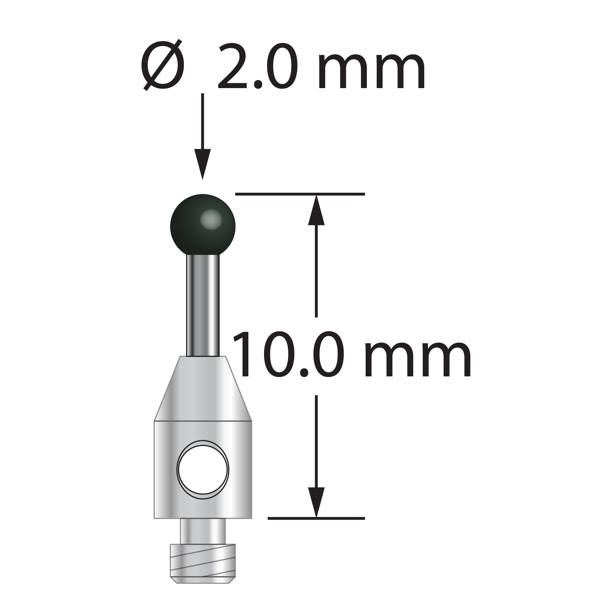M2 stylus with 2.0 mm diameter silicon nitride ball, 1.0 mm diameter carbide stem, and 3.0 mm diameter x 5.0 mm long stainless steel base. Overall stylus length is 10.0 mm. Stylus weight is 0.30 gram.