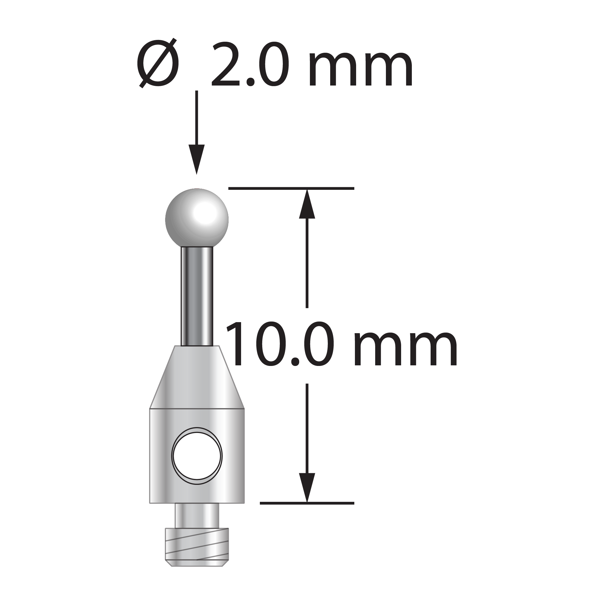 M2 stylus with 2.0 mm diameter zirconia ball, 1.0 mm diameter carbide stem, and 3.0 mm diameter x 5.0 mm long stainless steel base. Overall stylus length is 10.0 mm. Stylus weight is 0.30 gram.