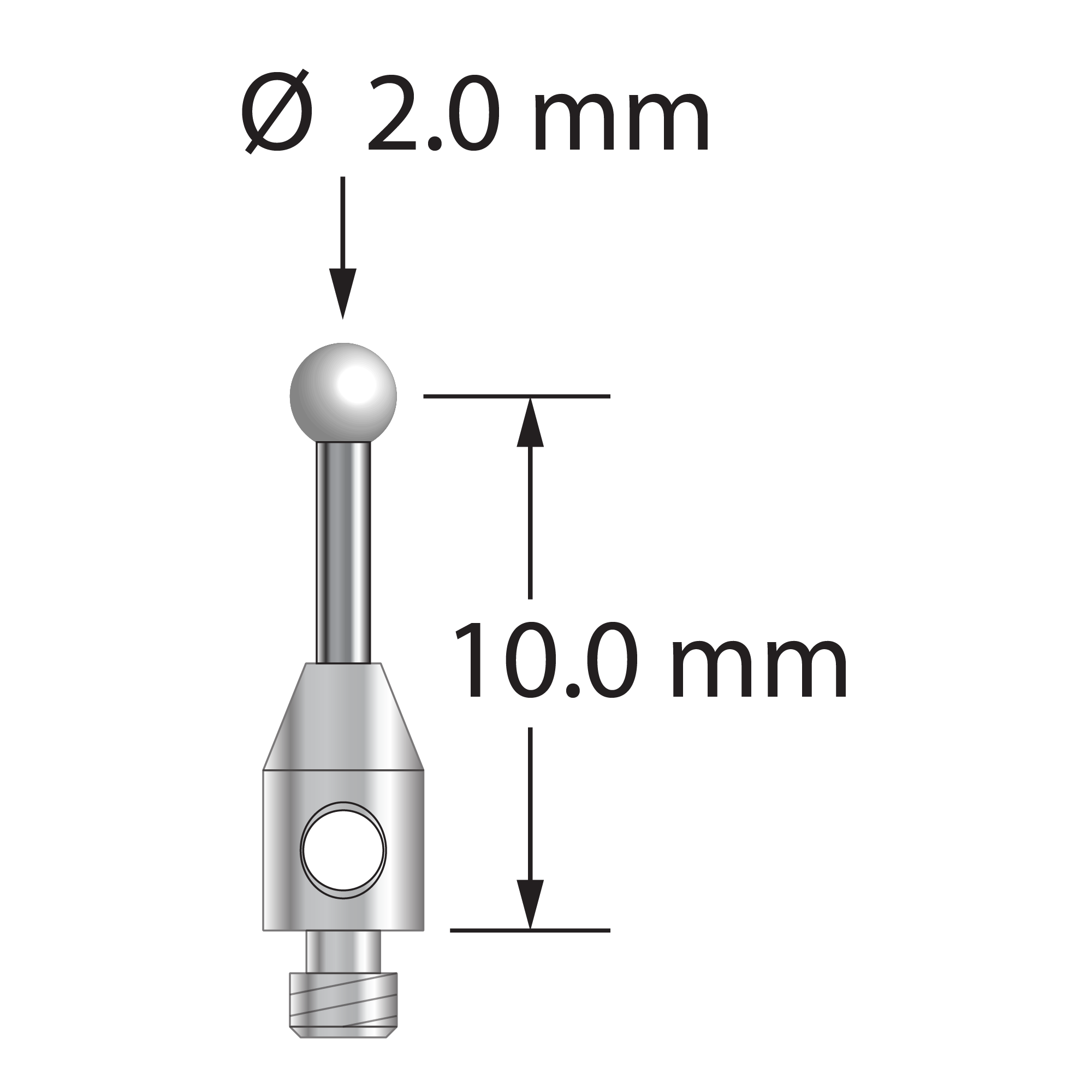 TM2-2011-Z M2 stylus with 2.0mm zirconia ball, carbide stem, and stainless steel base, 10.0mm long by Q-Mark Manufacturing, Inc.