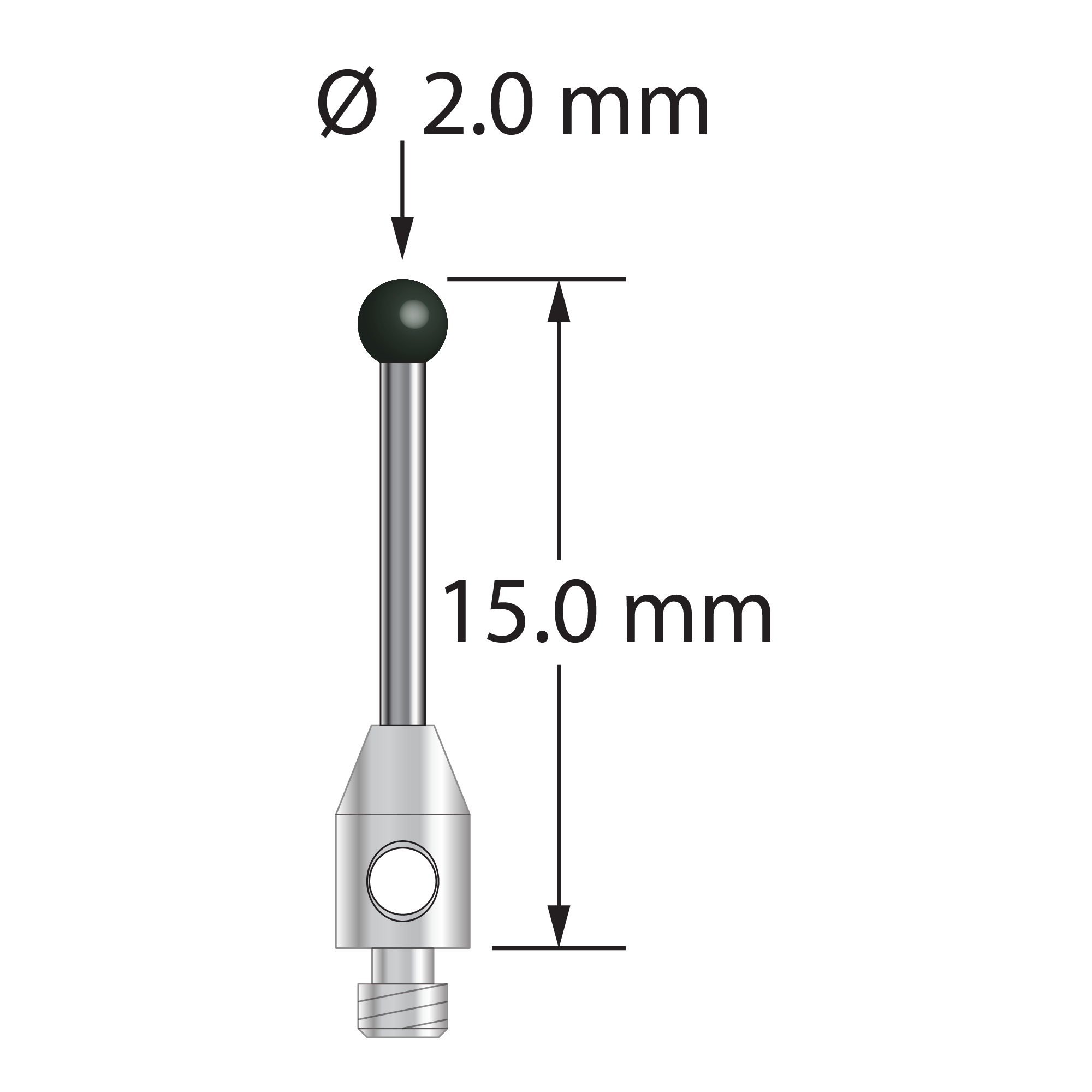 M2 stylus with 2.0 mm diameter silicon nitride ball, 1.0 mm diameter carbide stem, and 3.0 mm diameter x 5.0 mm long stainless steel base. Overall stylus length is 15.0 mm. Stylus weight is 0.36 gram.