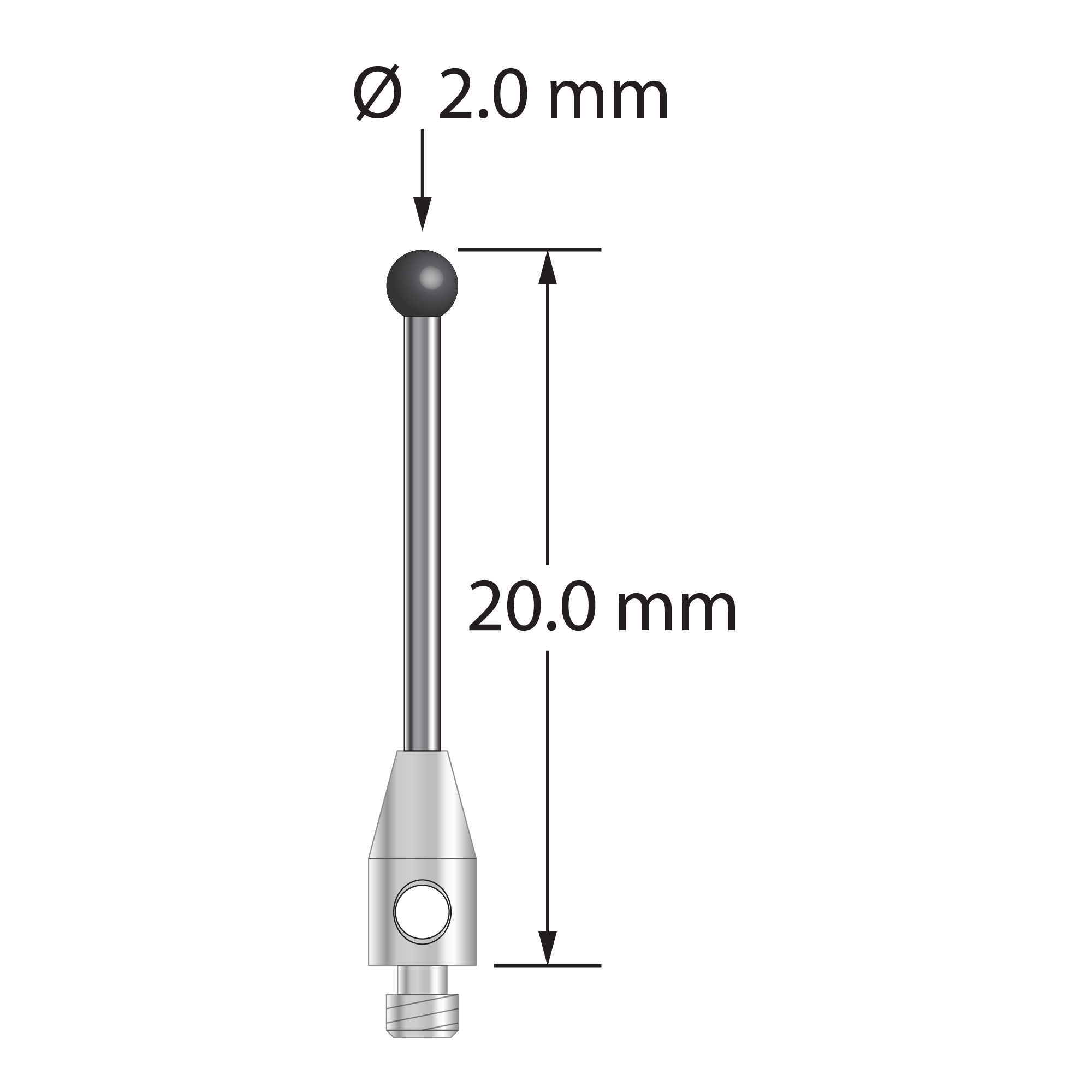 M2 stylus with 2.0 mm diameter silicon nitride ball, 1.0 mm diameter carbide stem, and 3.0 mm diameter x 6.0 mm long stainless steel base. Overall stylus length is 20.0 mm. Stylus weight is 0.42 gram. Compare to Zeiss 626102-0245-020.