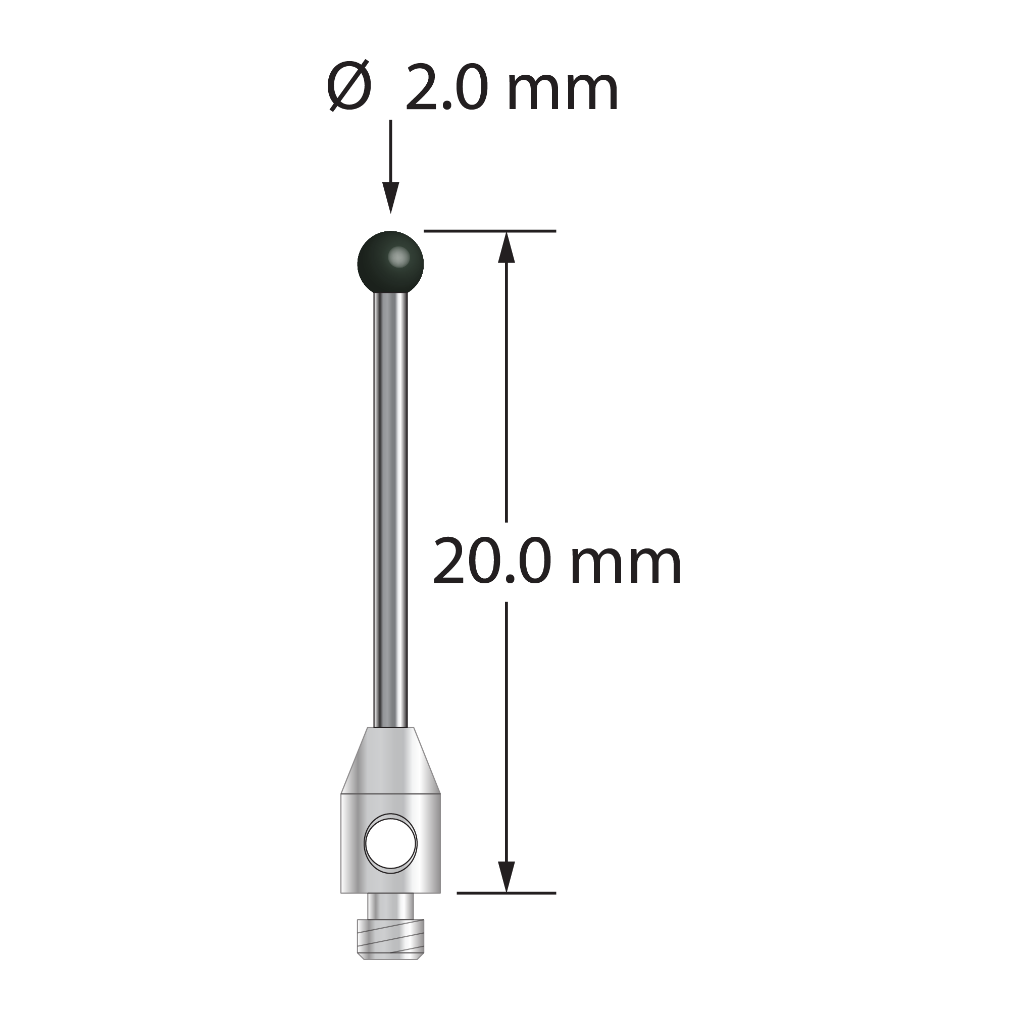 M2 stylus with 2.0 mm diameter silicon nitride ball, 1.0 mm diameter carbide stem, and 3.0 mm diameter x 5.0 mm long stainless steel base. Overall stylus length is 20.0 mm. Stylus weight is 0.42 gram.