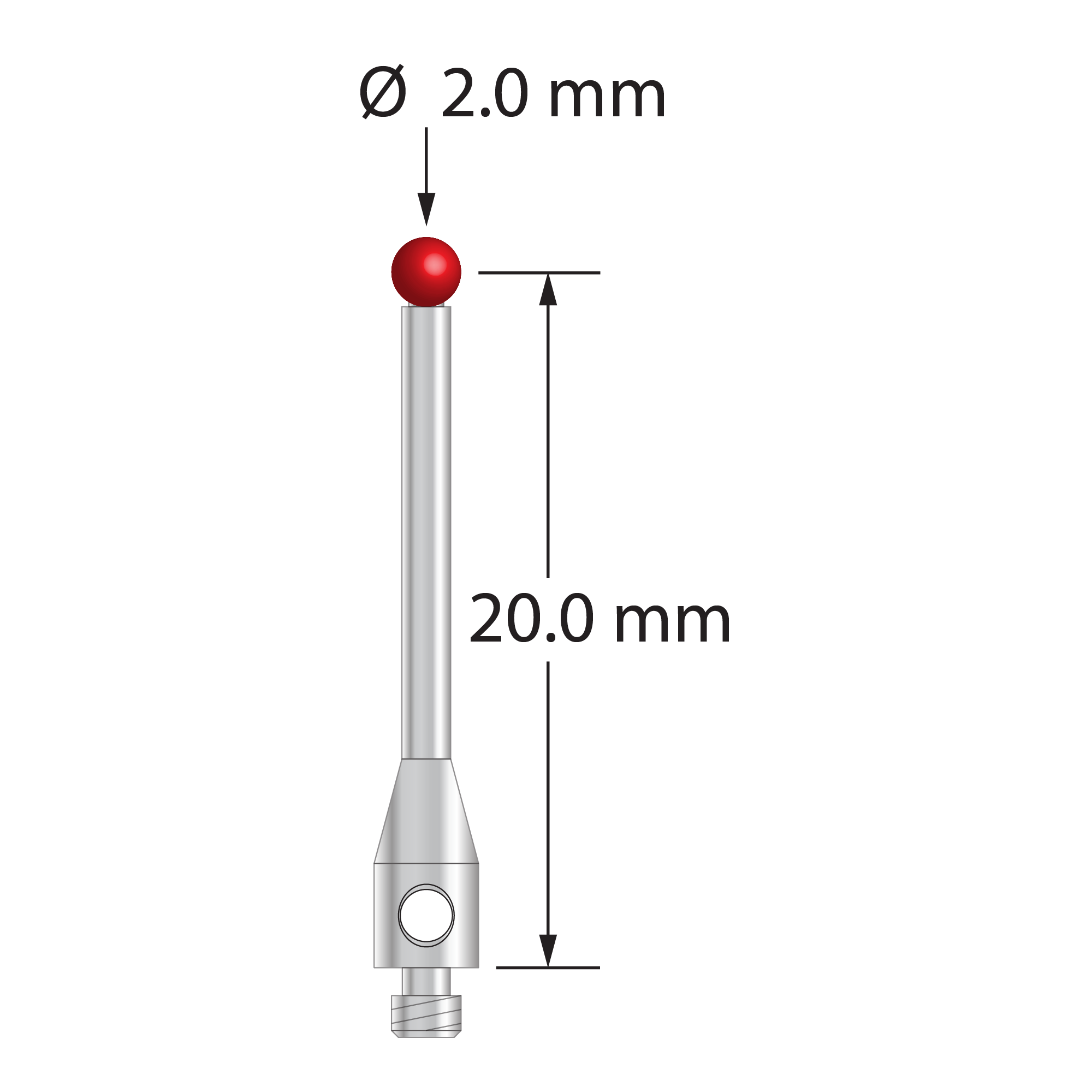 M2 stylus with 2.0 mm diameter ruby ball, 1.4 mm diameter stainless steel stem, and 3.0 mm diameter x 6.0 mm long stainless steel base. Stylus length to ball center is 20.0 mm. Stylus weight is 0.43 gram. Compare to Renishaw A-5000-3603 and Mitutoyo K651019.