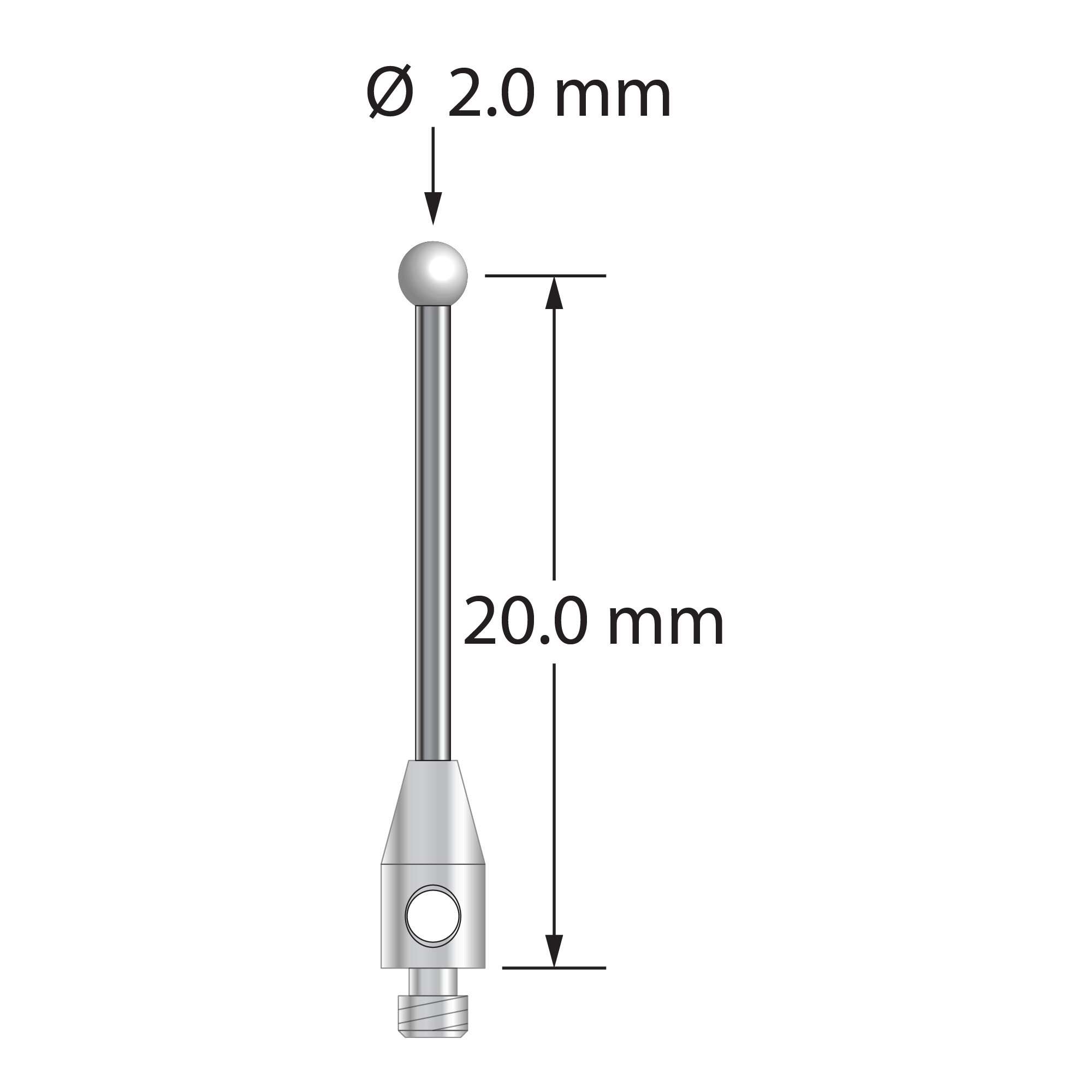 M2 stylus with 2.0 mm diameter zirconia ball, 1.0 mm diameter carbide stem, and 3.0 mm diameter x 6.0 mm long stainless steel base. Stylus length to ball center is 20.0 mm. Stylus weight is 0.43 gram.