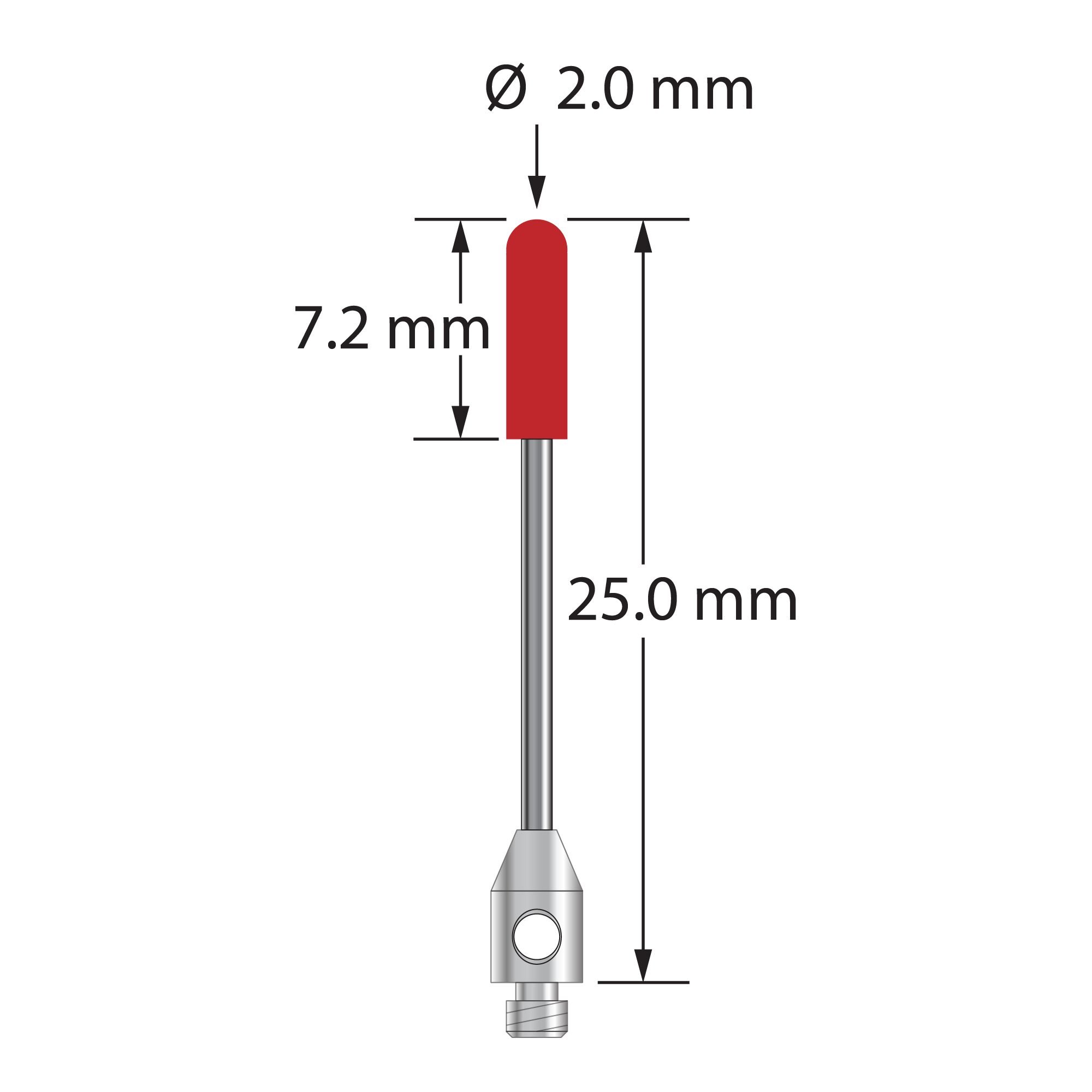 TM2-2025-B M2 stylus with 2.0mm ruby cylinder, carbide stem, and stainless steel base, 25.0mm long by Q-Mark Manufacturing, Inc.