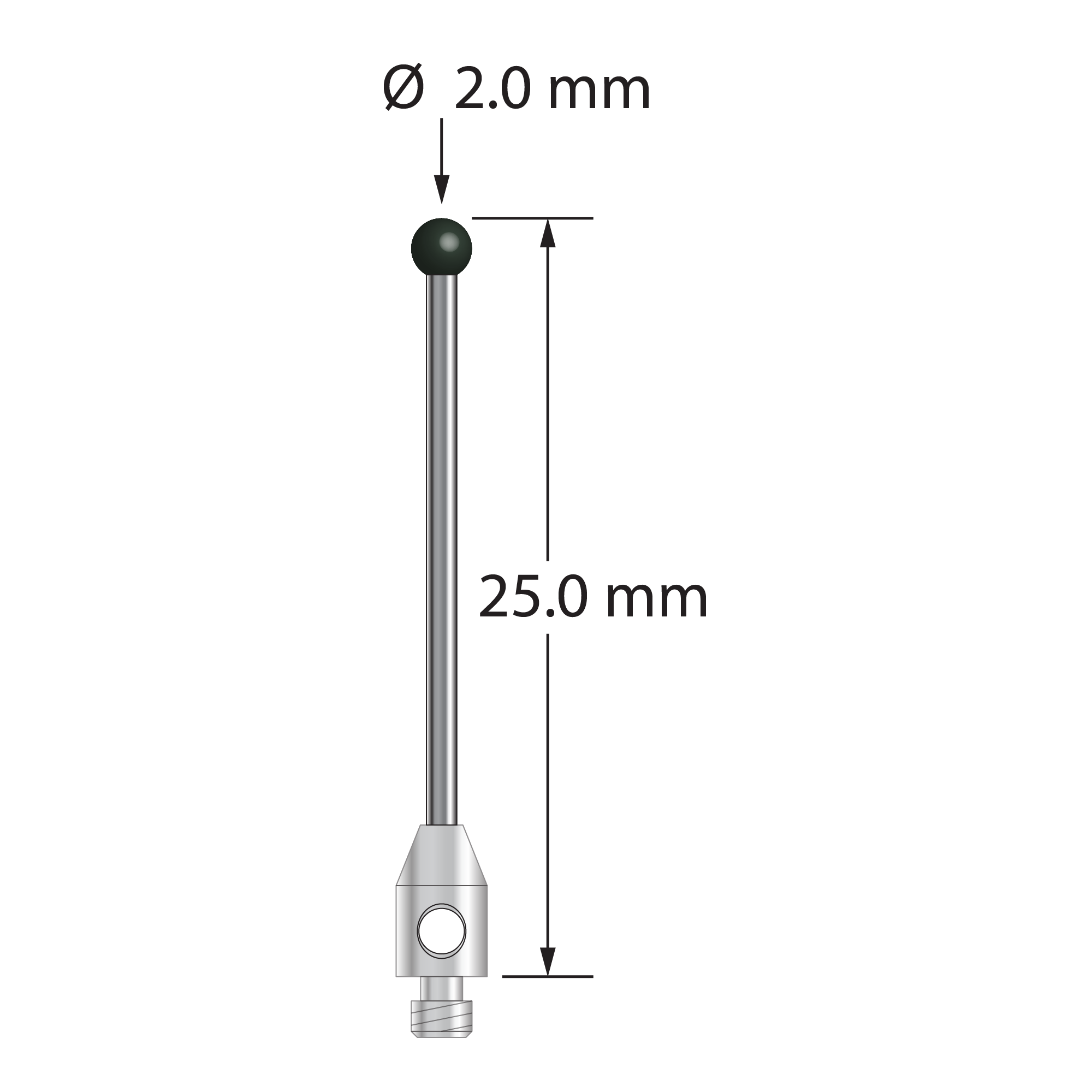M2 stylus with 2.0 mm silicon nitride ball, 1.0 mm diameter carbide stem, and 3.0 mm diameter x 5.0 mm long stainless steel base. Overall stylus length is 25.0 mm. Stylus weight is 0.46 gram.