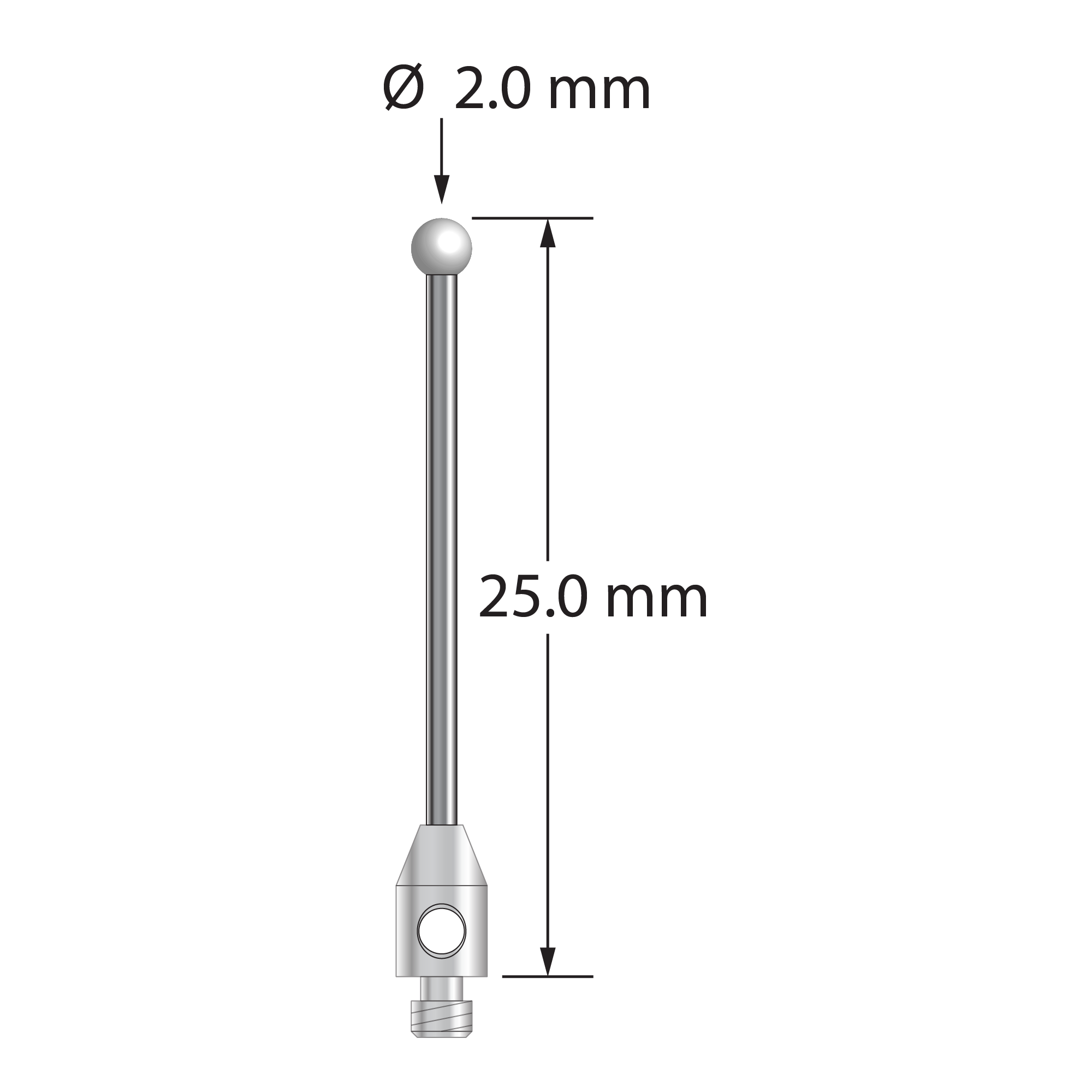 M2 stylus with 2.0 mm zirconia ball, 1.0 mm diameter carbide stem, and 3.0 mm diameter x 5.0 mm long stainless steel base. Overall stylus length is 25.0 mm. Stylus weight is 0.46 gram.