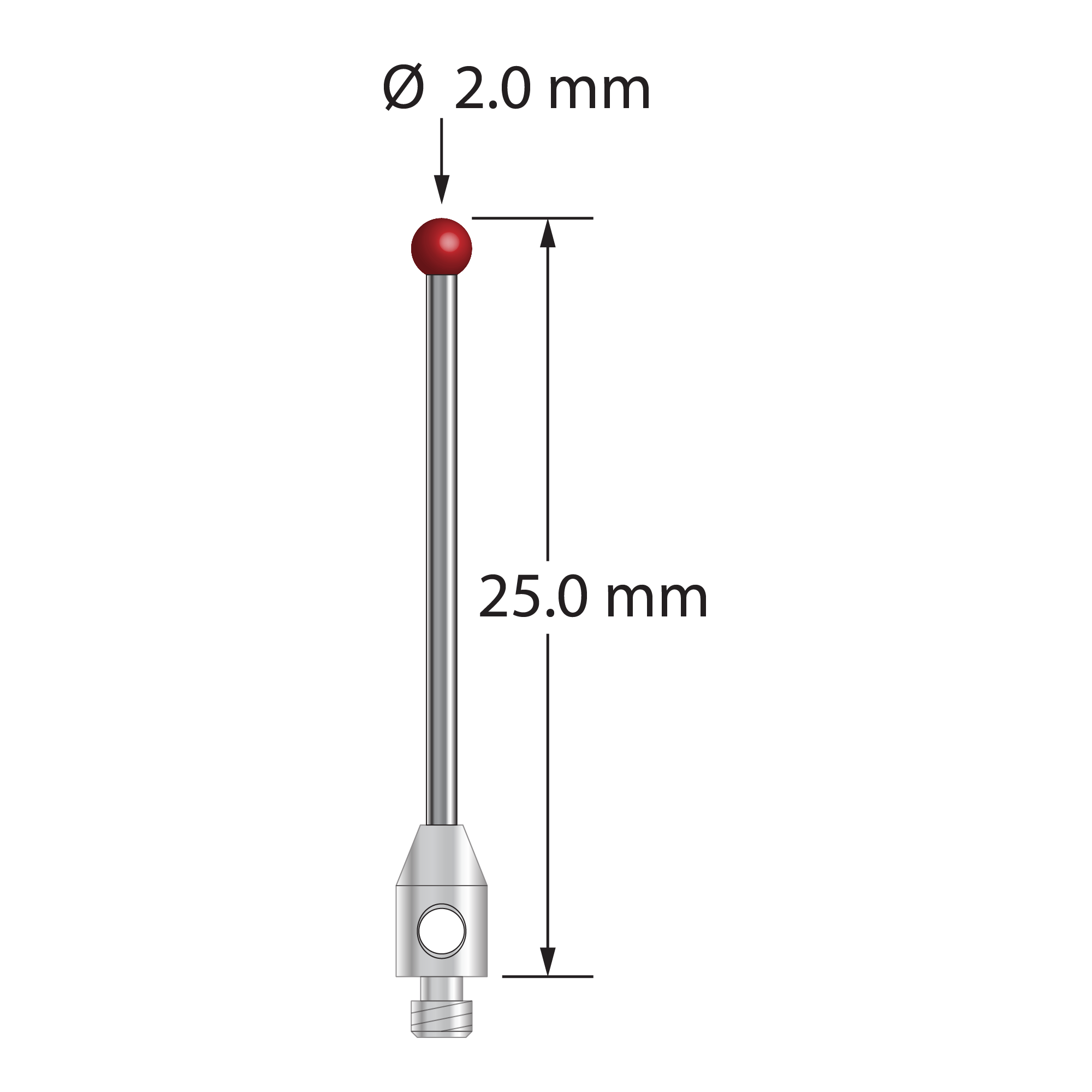 M2 stylus with 2.0 mm ruby ball, 1.0 mm diameter carbide stem, and 3.0 mm diameter x 5.0 mm long stainless steel base. Overall stylus length is 25.0 mm. Stylus weight is 0.46 gram.