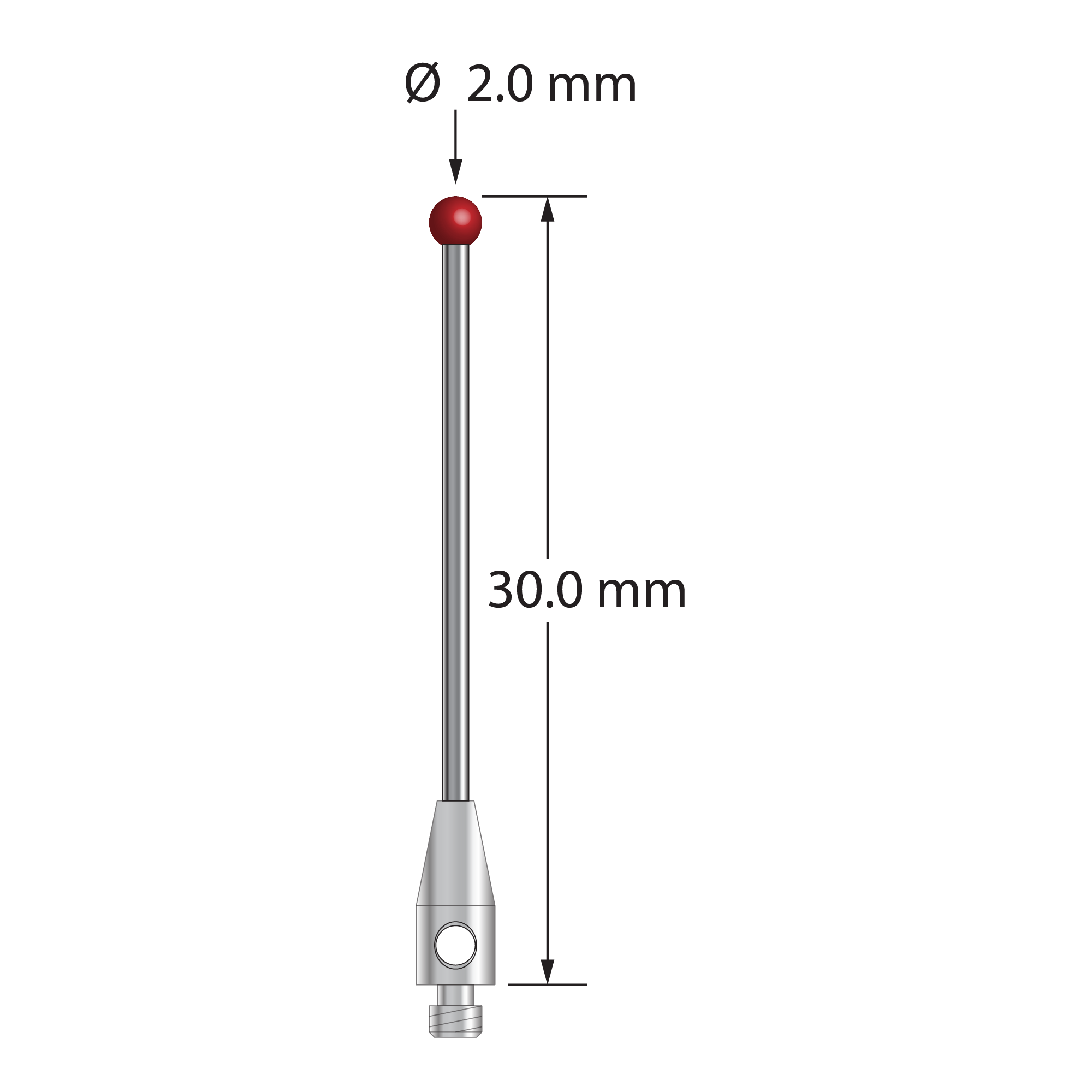 TM2-2030-DS1 M2 stylus with 2.0mm ruby ball, carbide stem, and stainless steel base, 30.0mm long by Q-Mark Manufacturing, Inc.