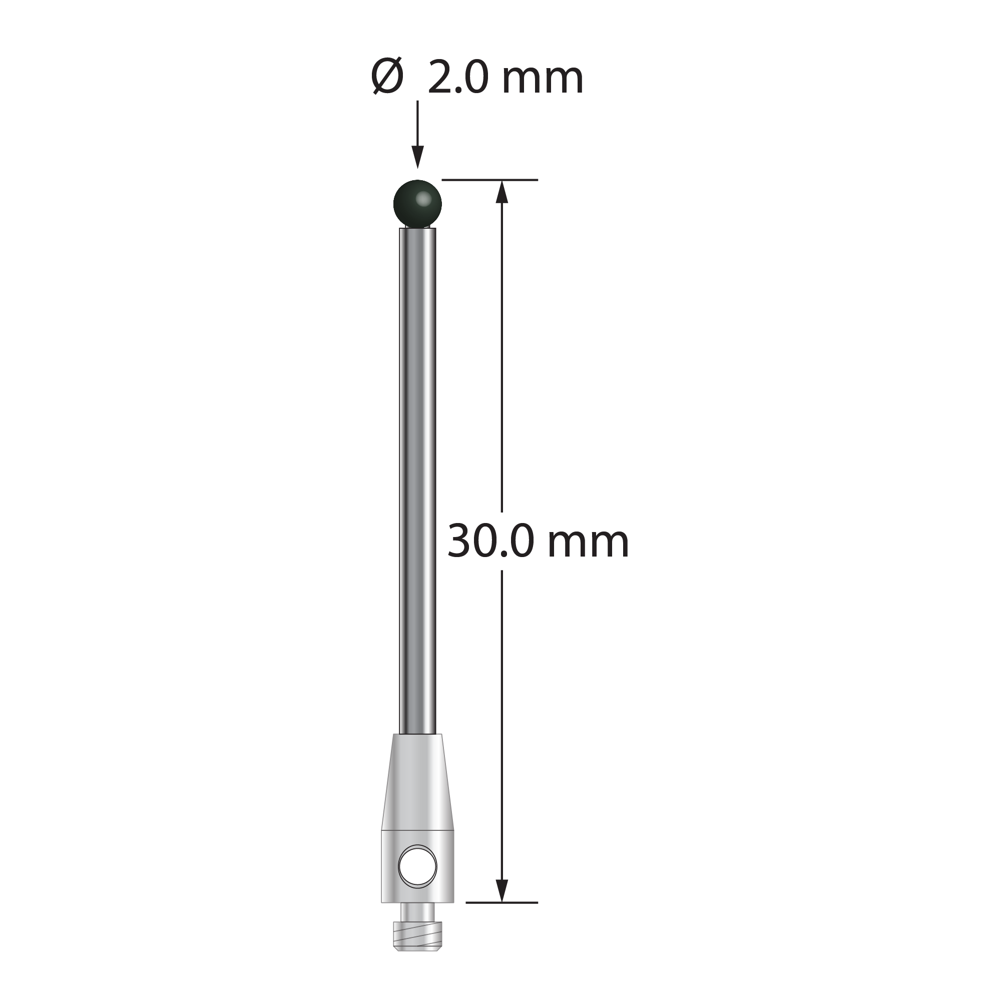 M2 stylus with 2.0 mm silicon nitride ball, 1.5 mm diameter carbide stem, and 3.0 mm diameter x 7.0 mm long stainless steel base. Overall stylus length is 30.0 mm. Stylus weight is 0.90 gram.