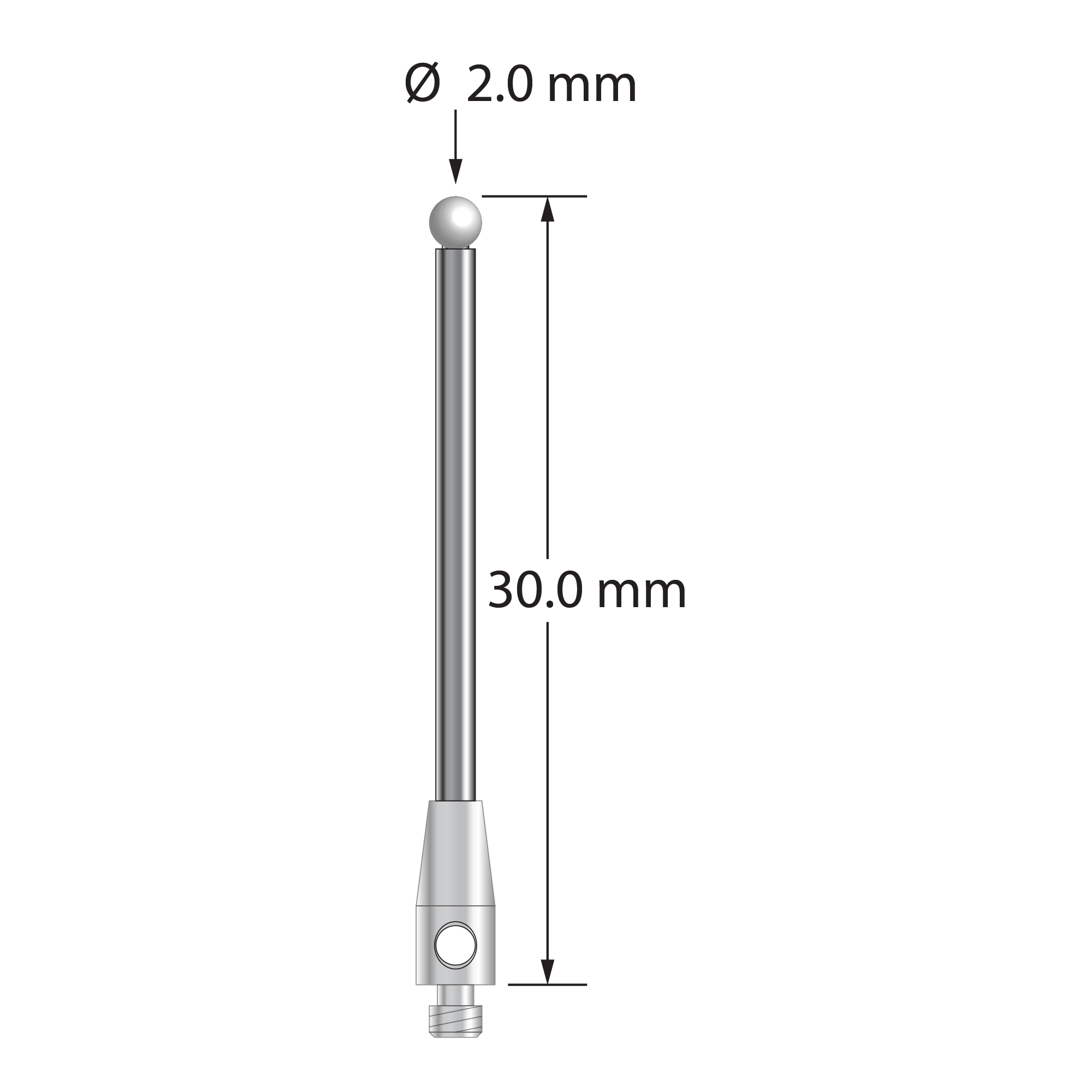M2 stylus with 2.0 mm zirconia ball, 1.5 mm diameter carbide stem, and 3.0 mm diameter x 7.0 mm long stainless steel base. Overall stylus length is 30.0 mm. Stylus weight is 0.90 gram.