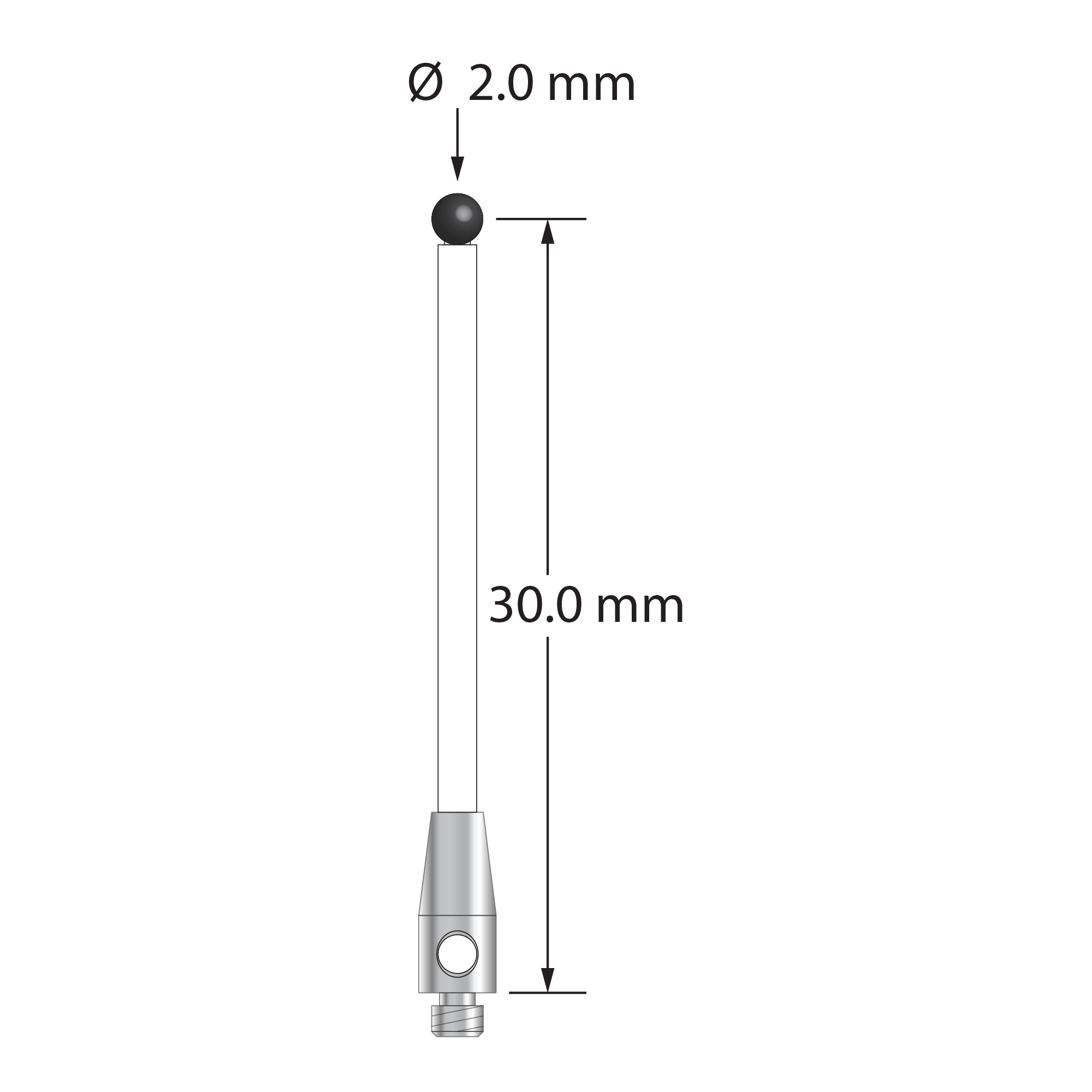 TM2-2031-C stylus with 2.0mm silicon nitride ball, ceramic stem, and stainless steel base, 30mm long.