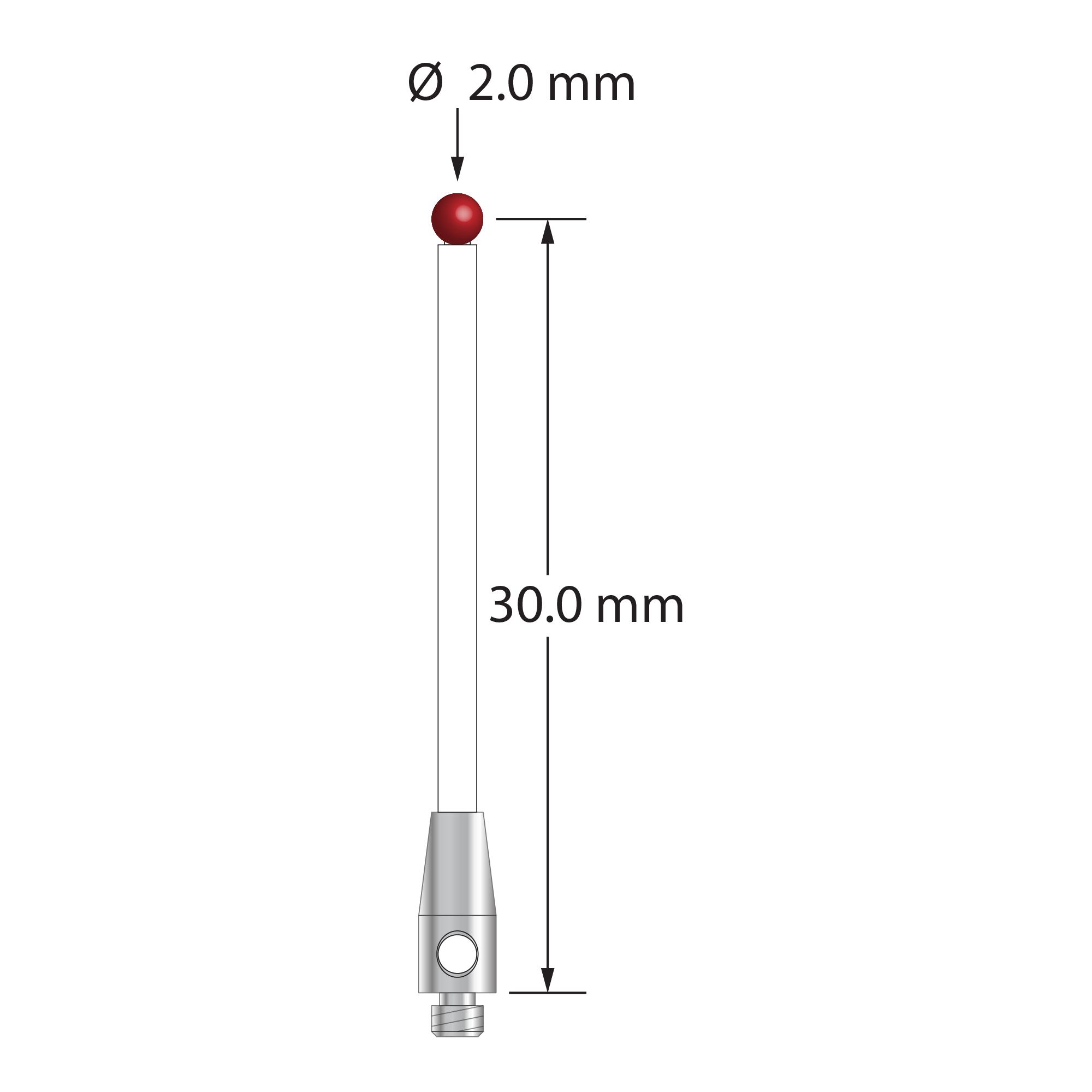 M2 stylus with 2.0 mm diameter ruby ball, 1.5 mm diameter ceramic stem, and 3.0 mm diameter x 7.0 mm long stainless steel base. Stylus length to ball center is 30.0 mm. Stylus weight is 0.42 gram.