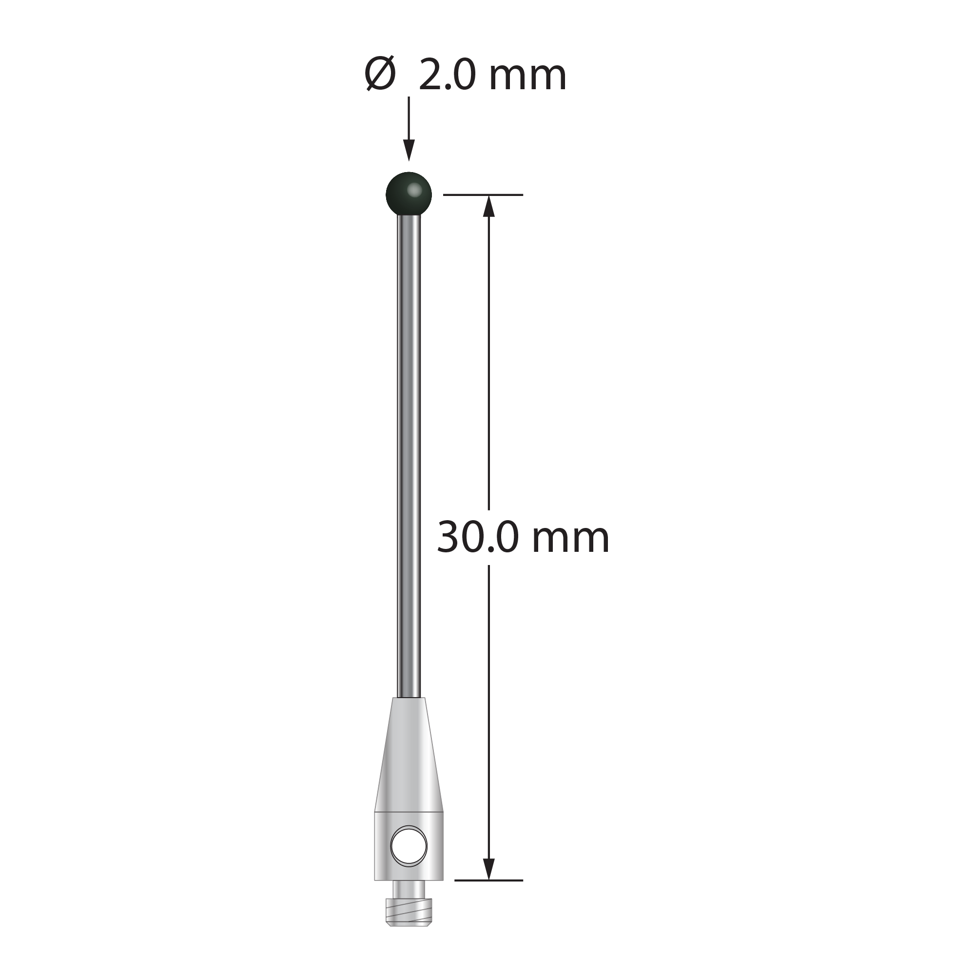 M2 stylus with 2.0 mm diameter silicon nitride ball, 1.0 mm diameter carbide stem, and 3.0 mm diameter x 8.0 mm long stainless steel base. Stylus length to ball center is 30.0 mm. Stylus weight is 0.61 gram.
