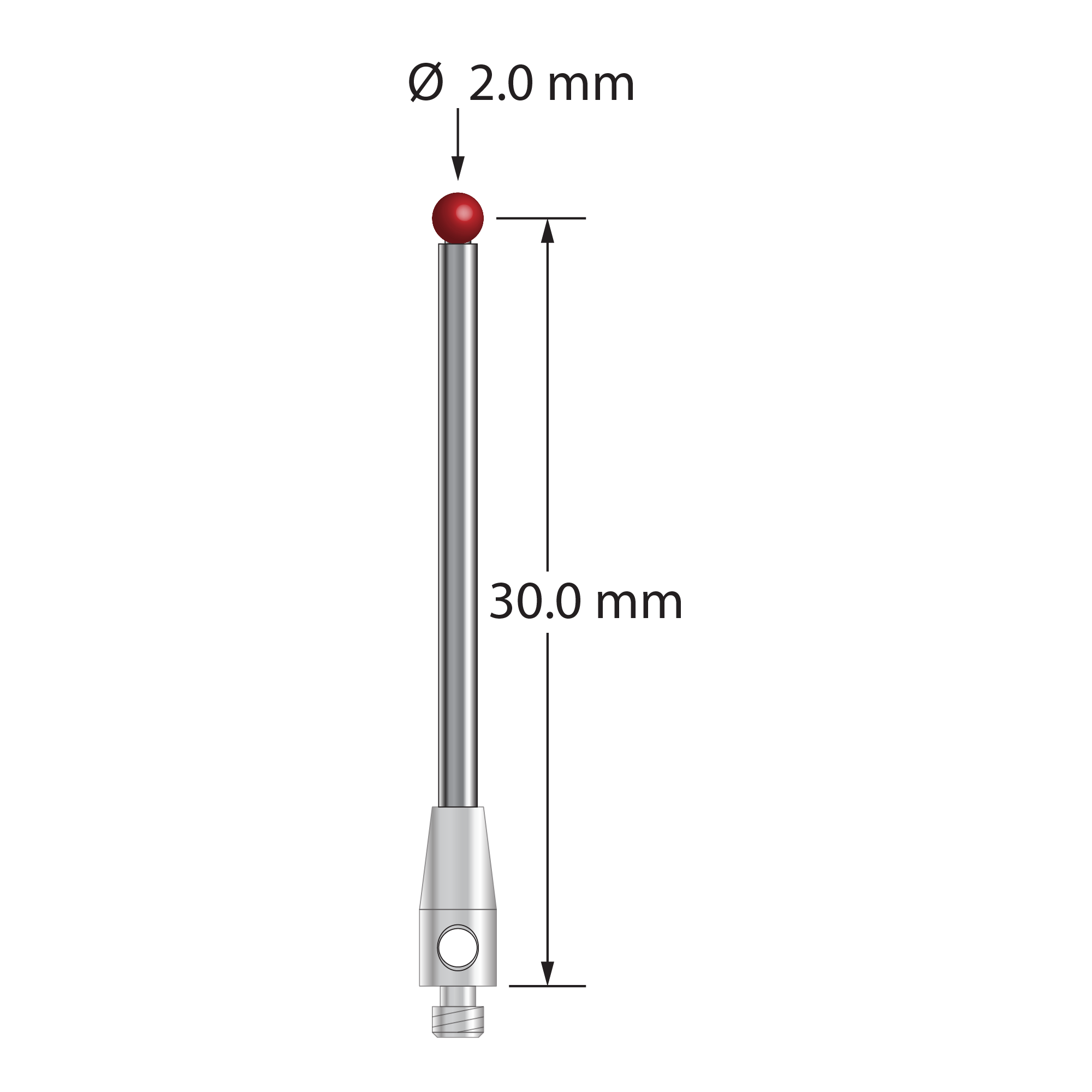 M2 stylus with 2.0 mm diameter ruby ball, 1.5 mm diameter carbide stem, and 3.0 mm diameter x 7.0 mm long stainless steel base. Stylus length to ball center is 30.0 mm. Stylus weight is 0.99 gram. Compare to Renishaw A-5003-0036 and Mitutoyo K651258.