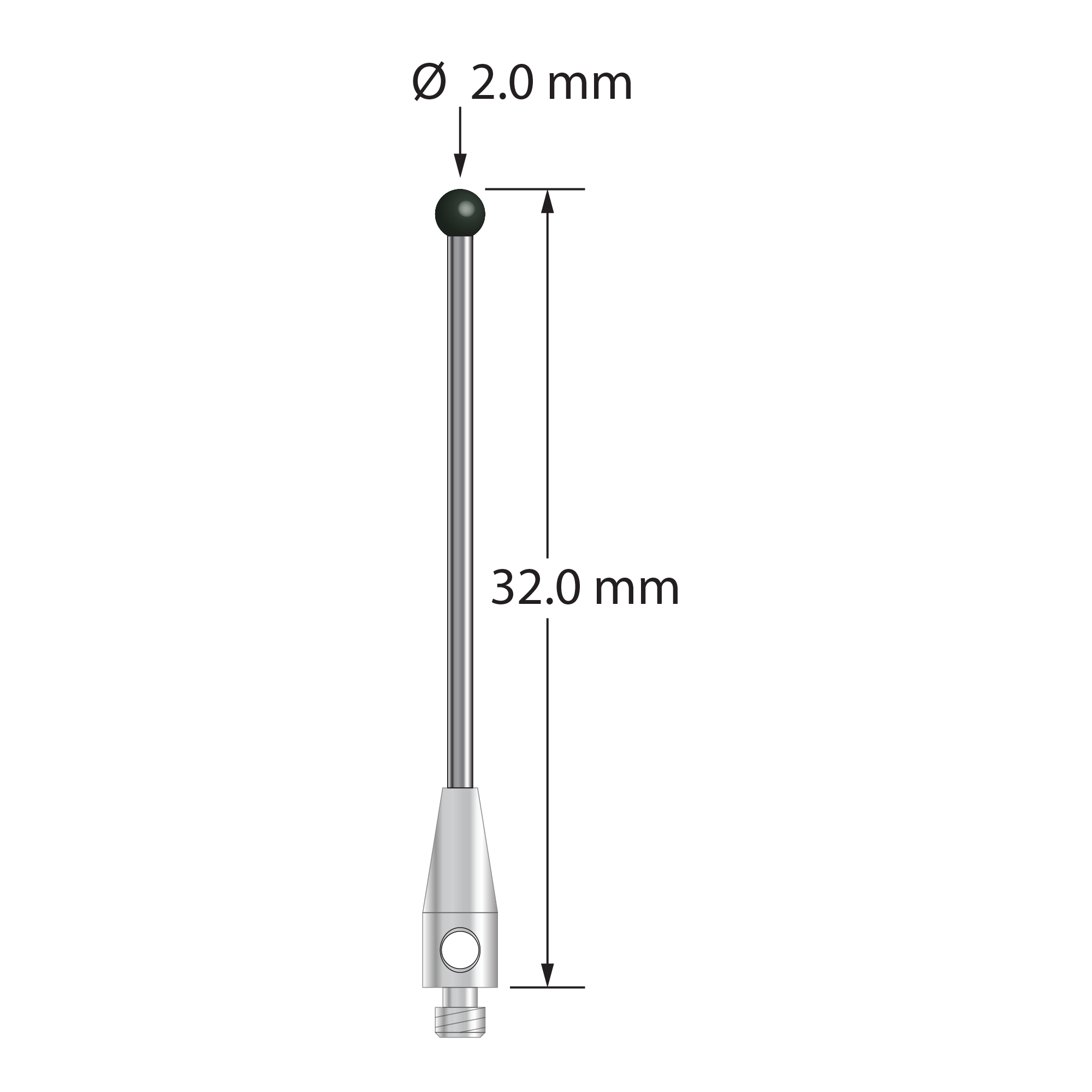 M2 stylus with 2.0 mm diameter silicon nitride ball, 1.0 mm diameter carbide stem, and 3.0 mm diameter x 6.0 mm long stainless steel base. Overall stylus length is 30.0 mm. Stylus weight is 0.52 gram. Compare to Zeiss 626102-0245-032.