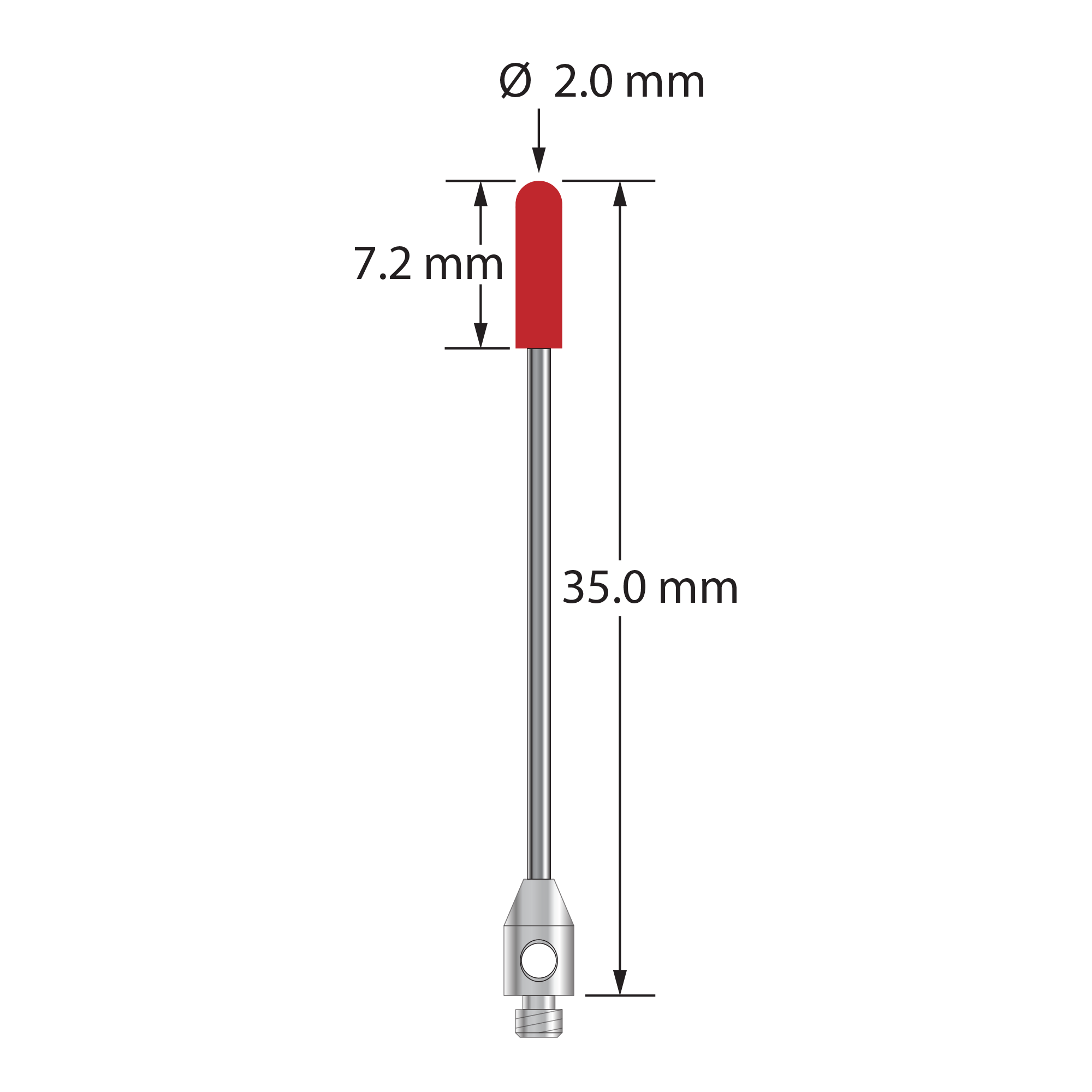 TM2-2035-B M2 stylus with 2.0mm ruby cylinder, carbide stem, and stainless steel base, 35.0mm long by Q-Mark Manufacturing, Inc.
