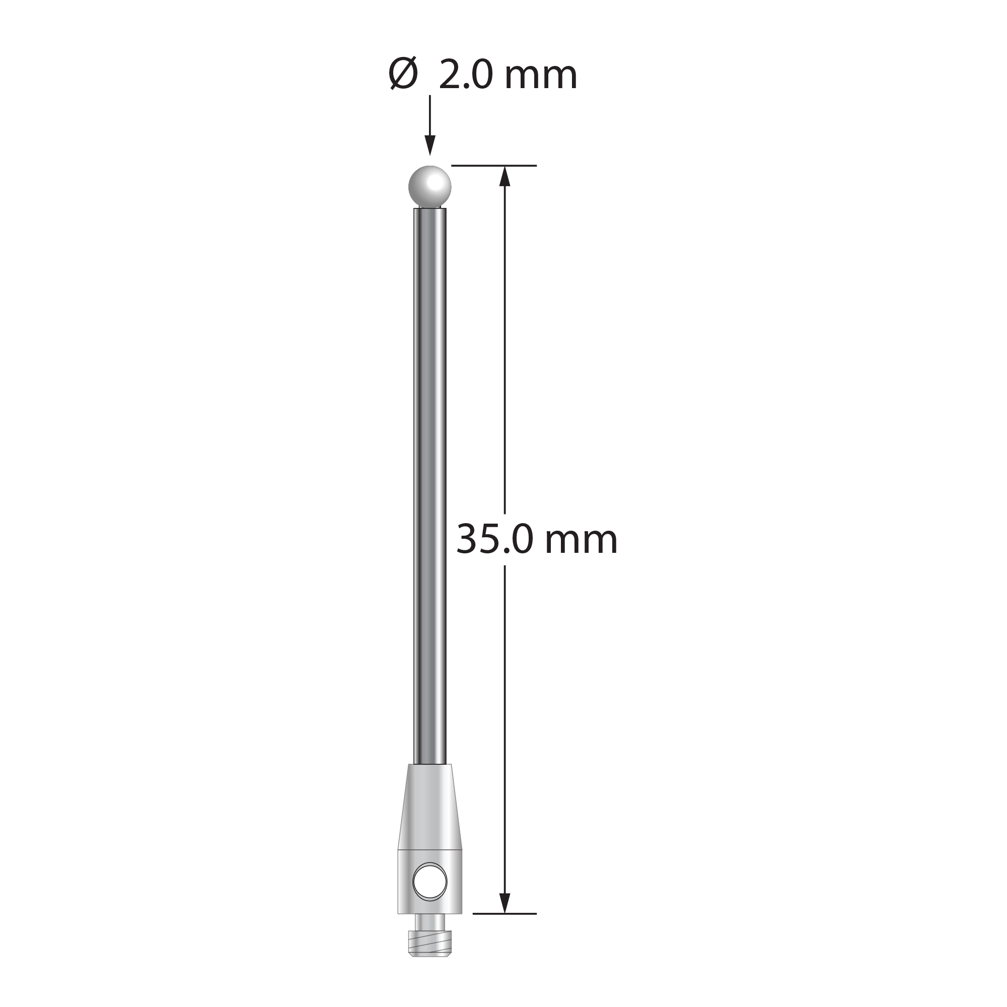 M2 stylus with 2.0 mm diameter zirconia ball, 1.5 mm diameter carbide stem, and 3.0 mm diameter x 7.0 mm long stainless steel base. Overall stylus length is 35.0 mm. Stylus weight is 1.04 grams.