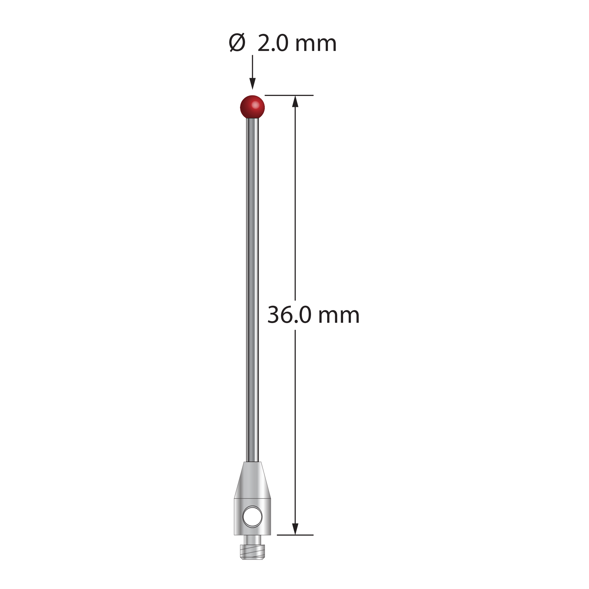 M2 stylus with 2.0 mm diameter ruby ball, 1.0 mm diameter carbide stem, and 3.0 mm diameter x 6.0 mm long stainless steel base. Overall stylus length is 36.0 mm. Stylus weight is 0.66 gram. Compare to Zeiss 626102-0244-036.
