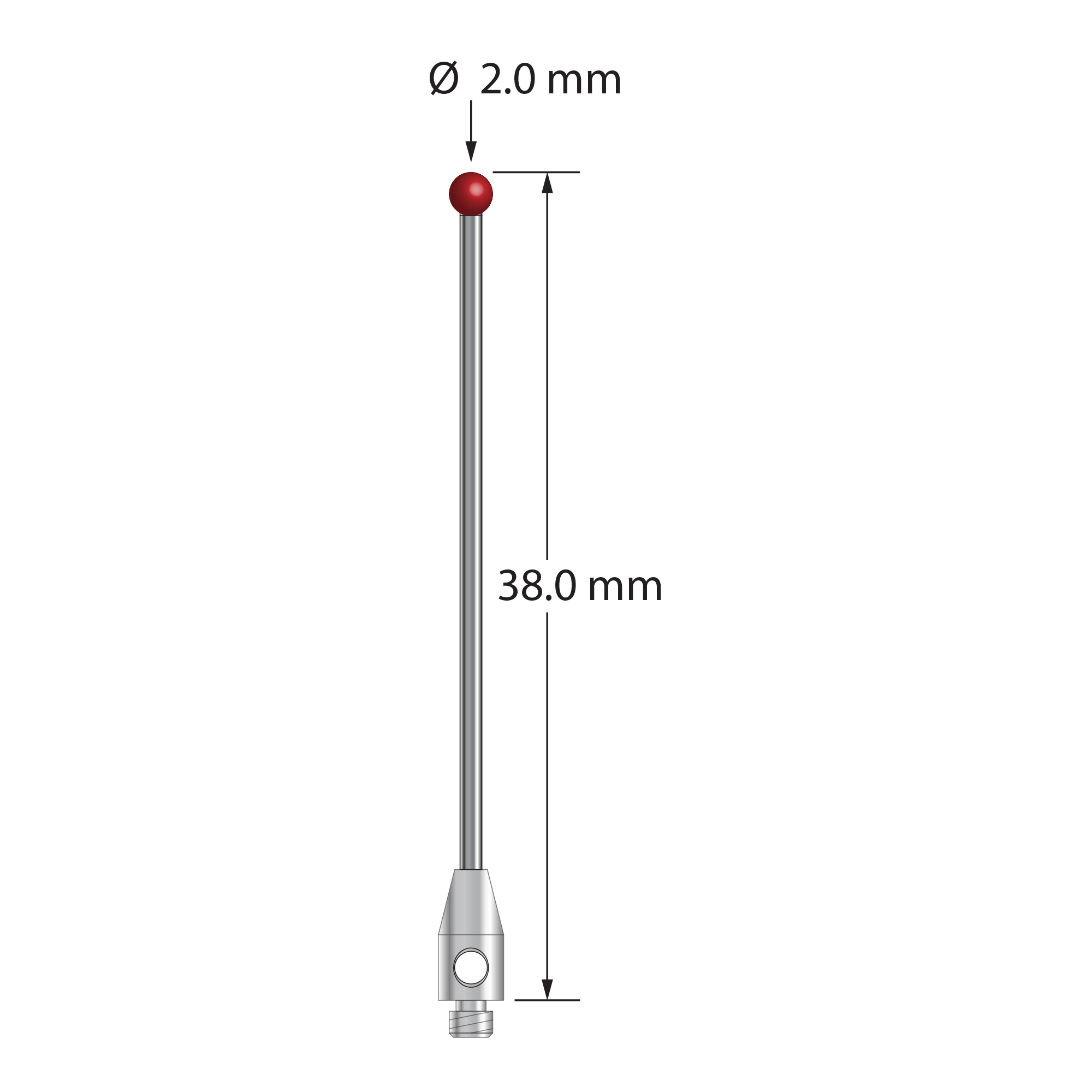 TM2-2038-DS1 M2 stylus with 2.0mm ruby ball, carbide stem, and stainless steel base, 38.0mm long by Q-Mark Manufacturing, Inc.