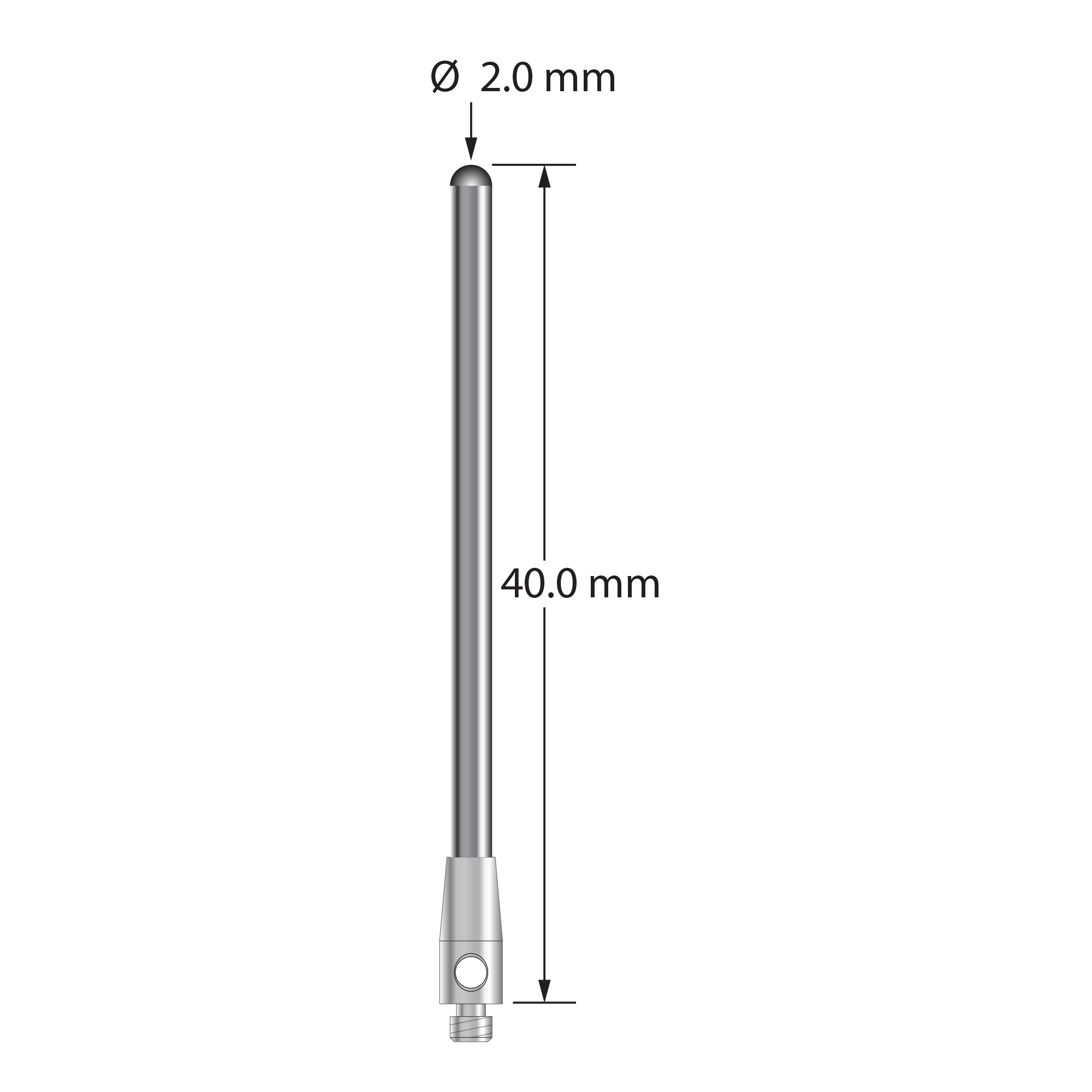 TM2-2040-BC M2 stylus with 2.0mm carbide cylinder, 3.0mm stainless steel base, 40mm long by Q-Mark.