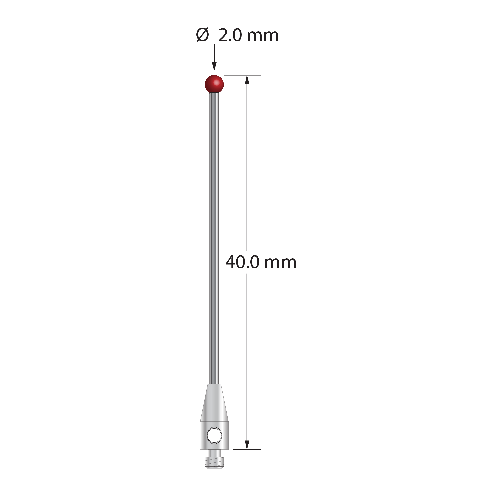 M2 stylus with 2.0 mm diameter ruby ball, 1.0 mm diameter carbide stem, and 3.0 mm diameter x 8.0 mm long stainless steel base. Overall stylus length is 40.0 mm. Stylus weight is 0.70 gram.