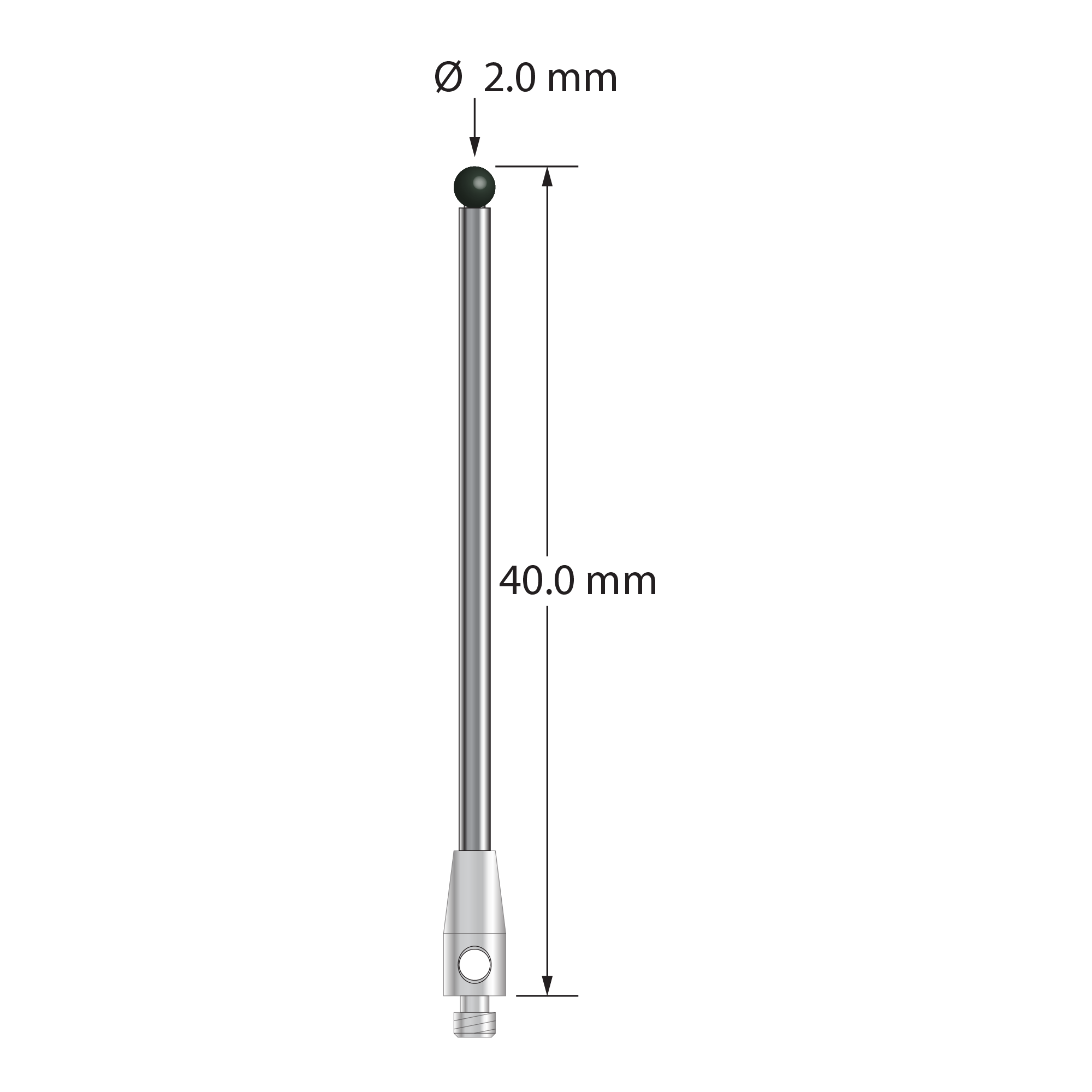 M2 stylus with 2.0 mm diameter silicon nitride ball, 1.5 mm diameter carbide stem, and 3.0 mm diameter x 7.0 mm long stainless steel base. Overall stylus length is 40.0 mm. Stylus weight is 1.17 grams.