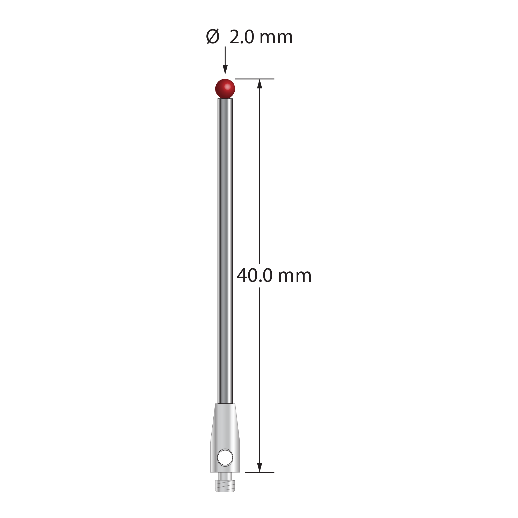 M2 stylus with 2.0 mm diameter ruby ball, 1.5 mm diameter carbide stem, and 3.0 mm diameter x 7.0 mm long stainless steel base. Overall stylus length is 40.0 mm. Stylus weight is 1.17 grams.