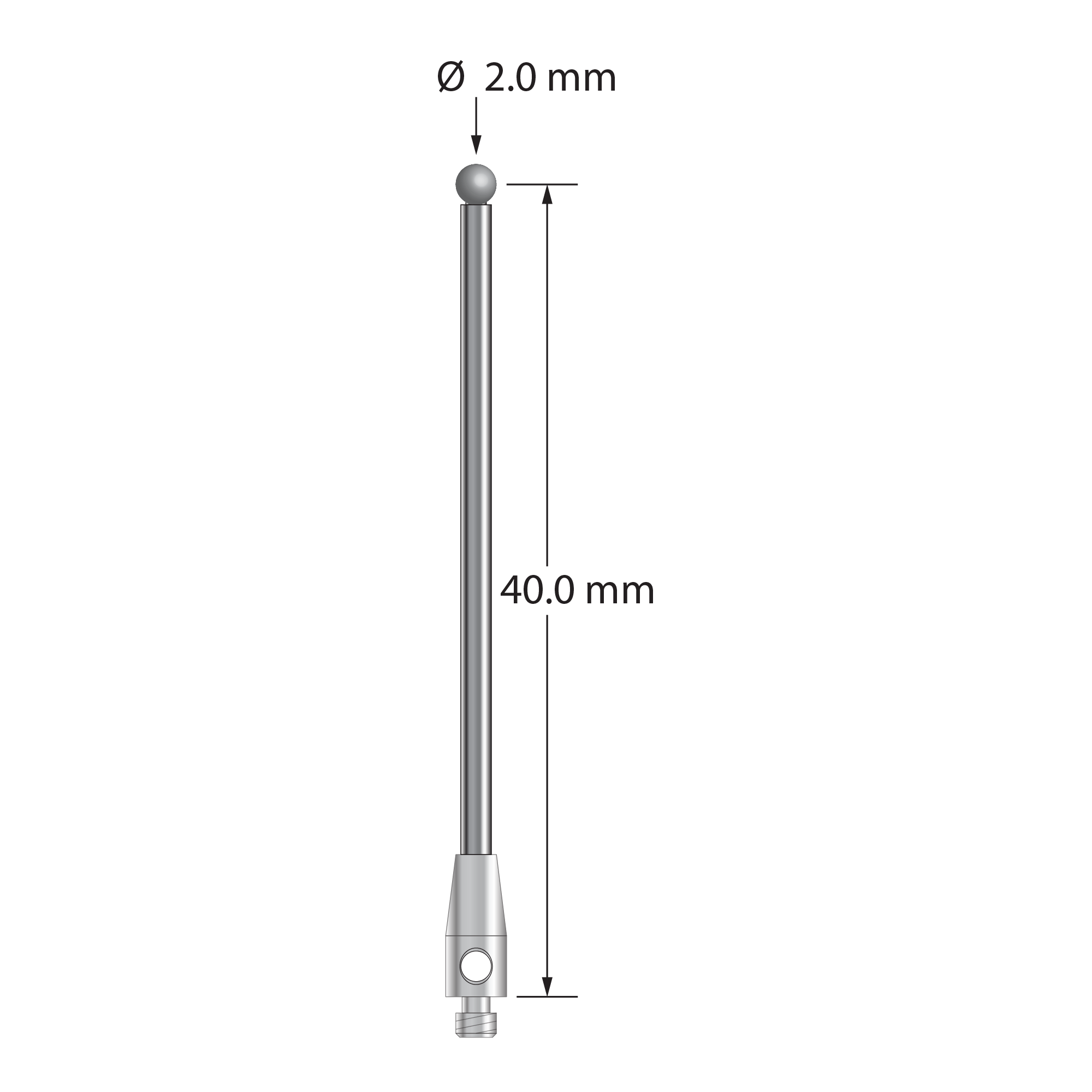 TM2-2041-D M2 stylus with 2.0mm solid diamond sphere, carbide stem, and stainless steel base, 40.0mm long.