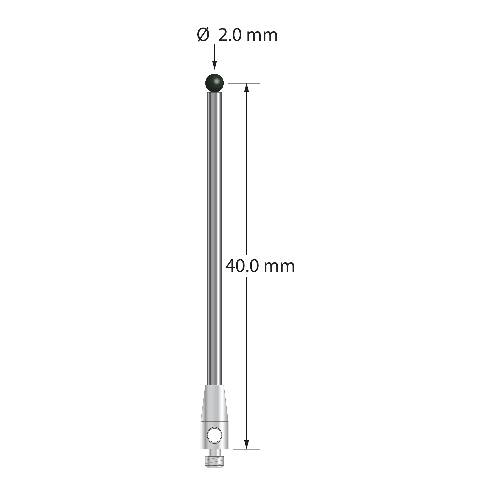 M2 stylus with 2.0 mm diameter silicon nitride ball, 1.5 mm diameter carbide stem, and 3.0 mm diameter x 7.0 mm long stainless steel base. Stylus length to ball center is 40.0 mm. Stylus weight is 1.21 grams.