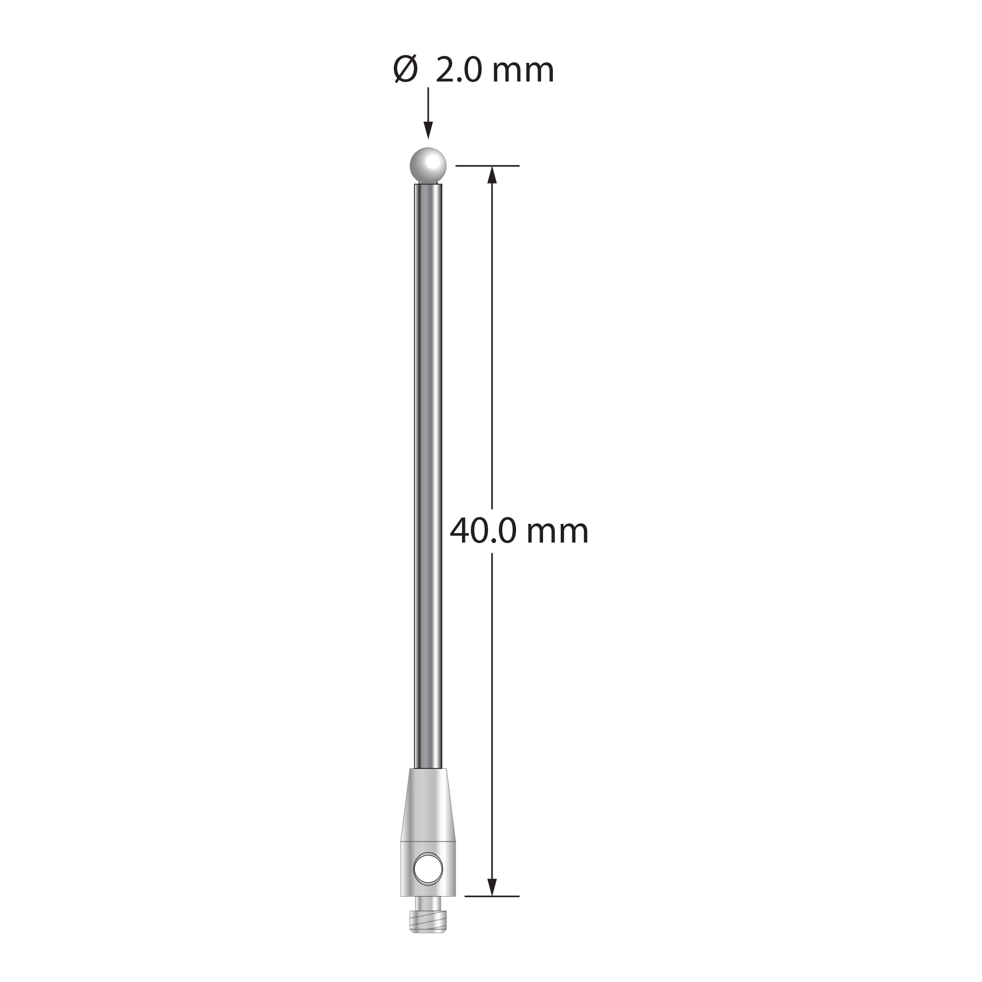 M2 stylus with 2.0 mm diameter zirconia ball, 1.5 mm diameter carbide stem, and 3.0 mm diameter x 7.0 mm long stainless steel base. Stylus length to ball center is 40.0 mm. Stylus weight is 1.21 grams.