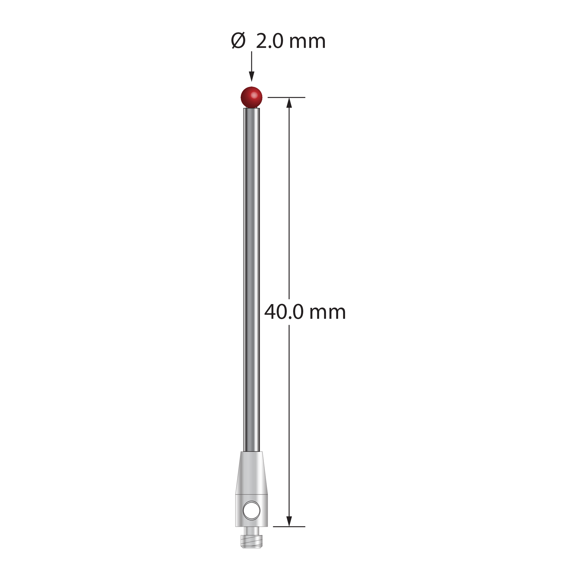 M2 stylus with 2.0 mm diameter ruby ball, 1.5 mm diameter carbide stem, and 3.0 mm diameter x 7.0 mm long stainless steel base. Stylus length to ball center is 40.0 mm. Stylus weight is 1.21 grams. Compare to Renishaw A-5003-0037 and Mitutoyo K651263.