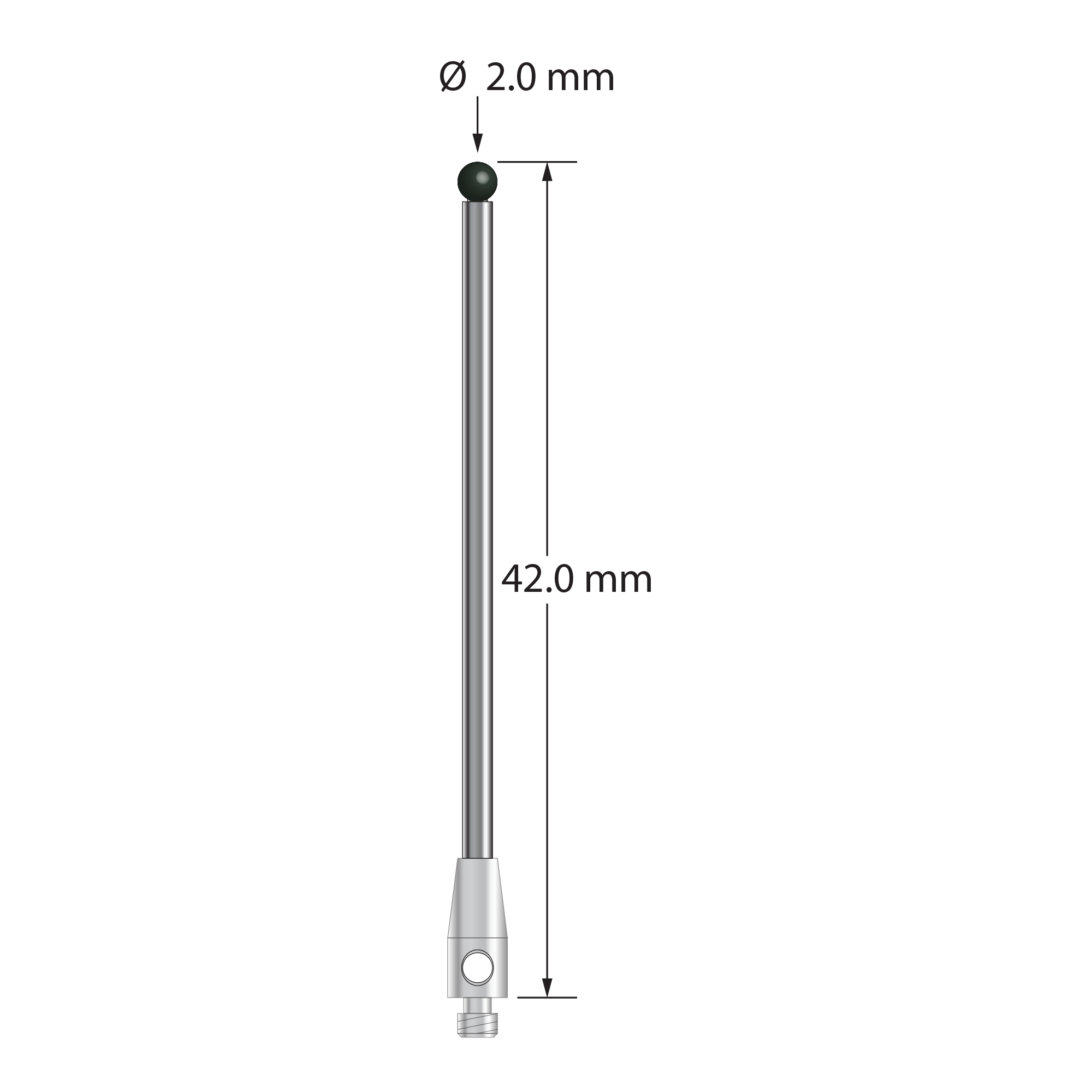 M2 stylus with 2.0 mm diameter silicon nitride ball, 1.5 mm diameter carbide stem, and 3.0 mm diameter x 7.0 mm long stainless steel base. Overall stylus length is 42.0 mm. Stylus weight is 1.22 grams.