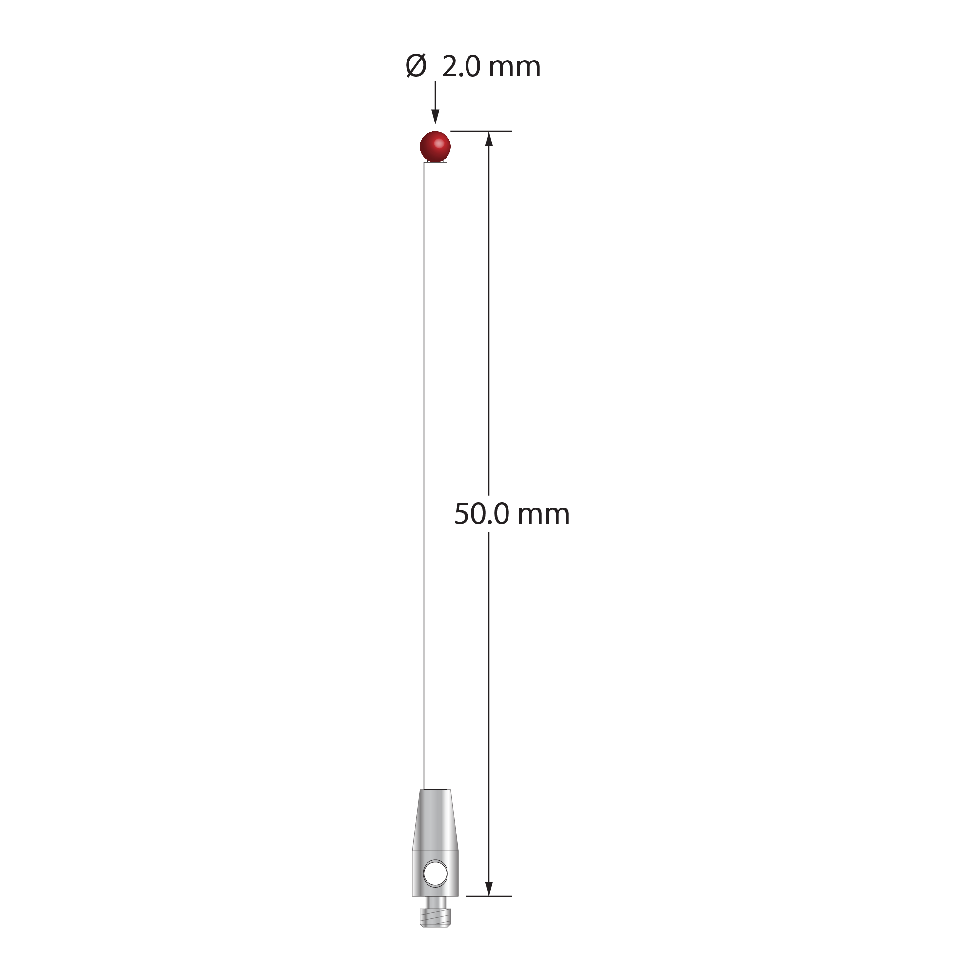 TM2-2050-C M2 stylus with 2.0mm ruby ball, ceramic stem, and stainless steel base, 50mm long by Q-Mark Manufacturing, Inc.