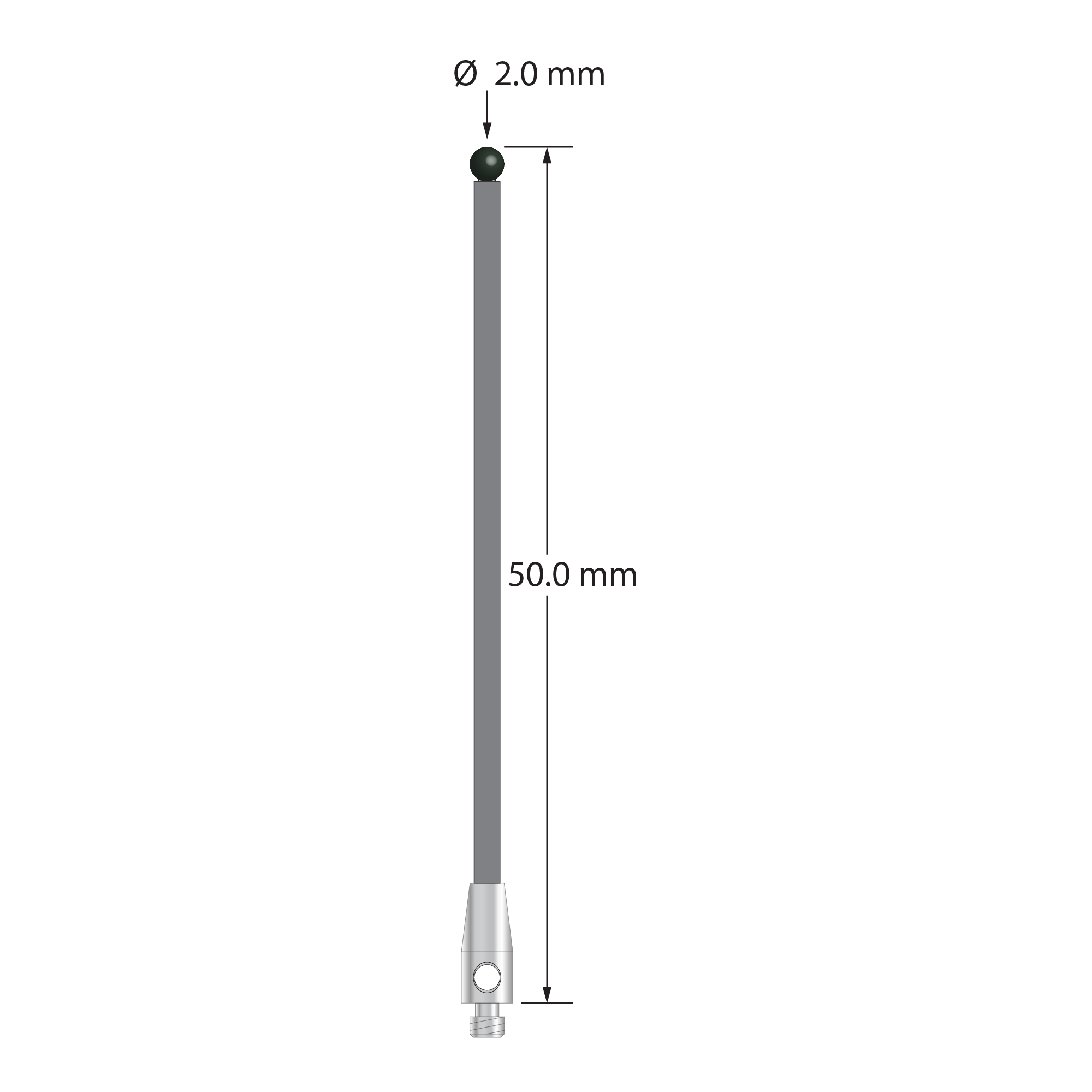 M2 stylus with 2.0 mm diameter silicon nitride ball, 1.5 mm diameter carbon fiber stem, and 3.0 mm diameter x 7.0 mm long stainless steel base. Overall stylus length is 50.0 mm. Stylus weight is 0.39 grams.