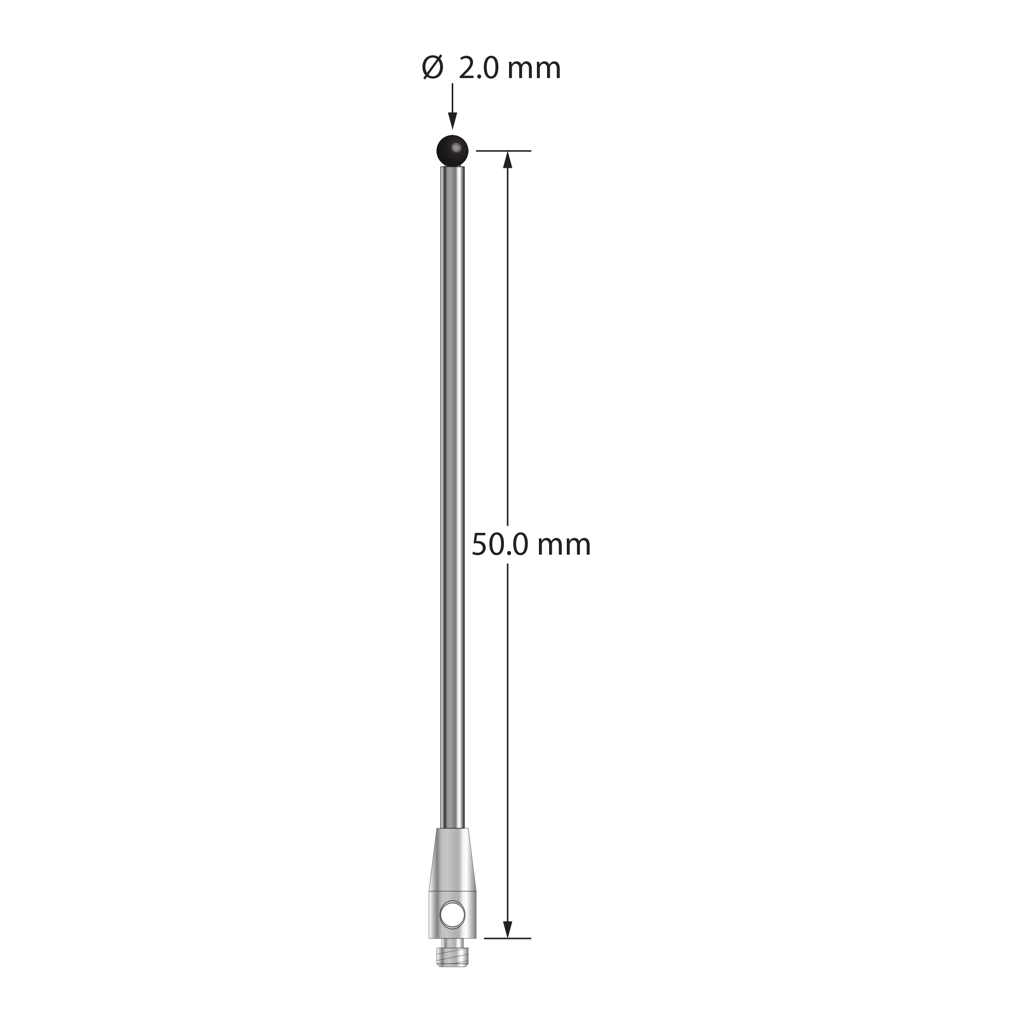 TM2-2051-SN M2 stylus with 2.0mm silicon nitride ball, carbide stem, and stainless steel base.