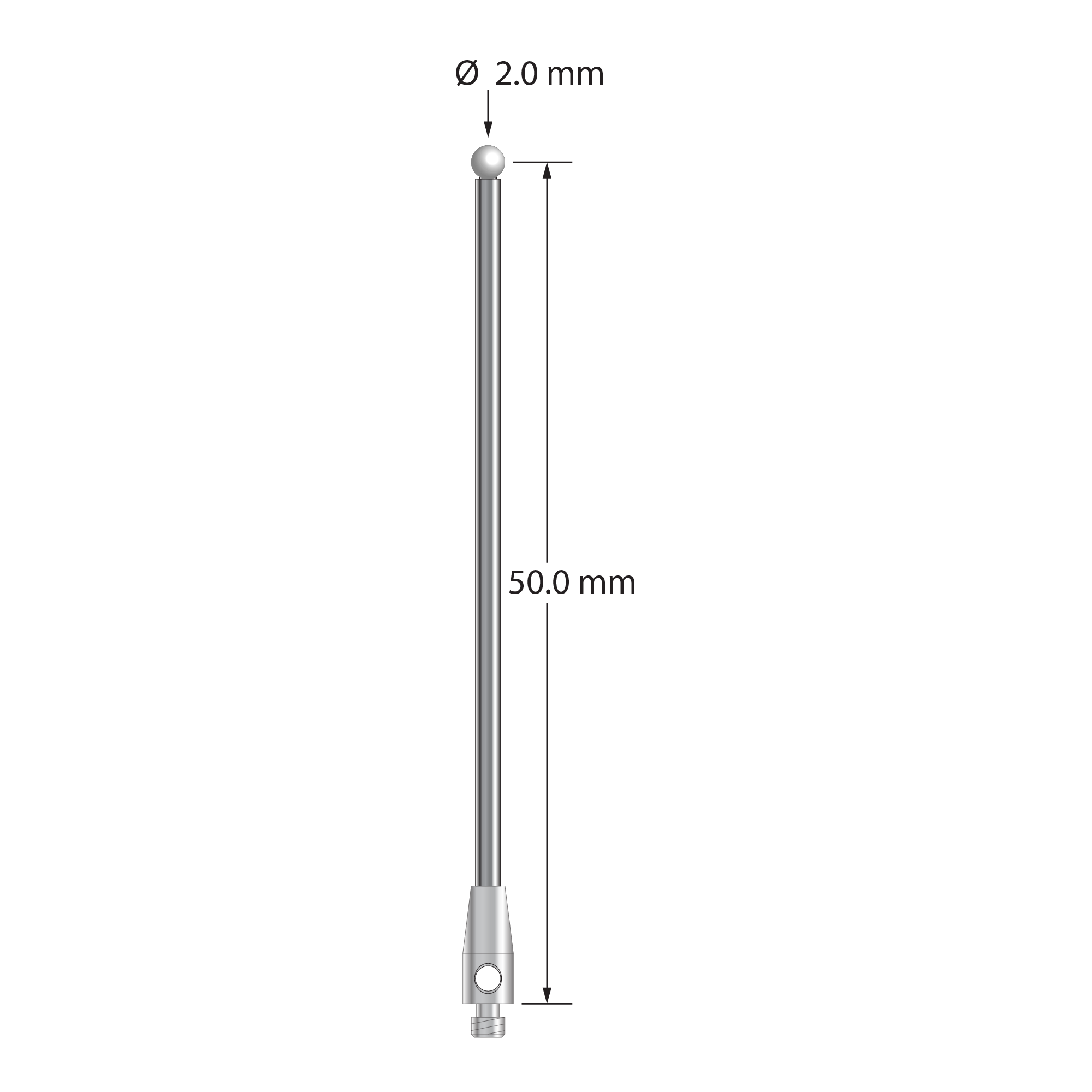 TM2-2051-Z M2 stylus with 2.0mm zirconia ball, carbide stem, and stainless steel base, 50mm long.