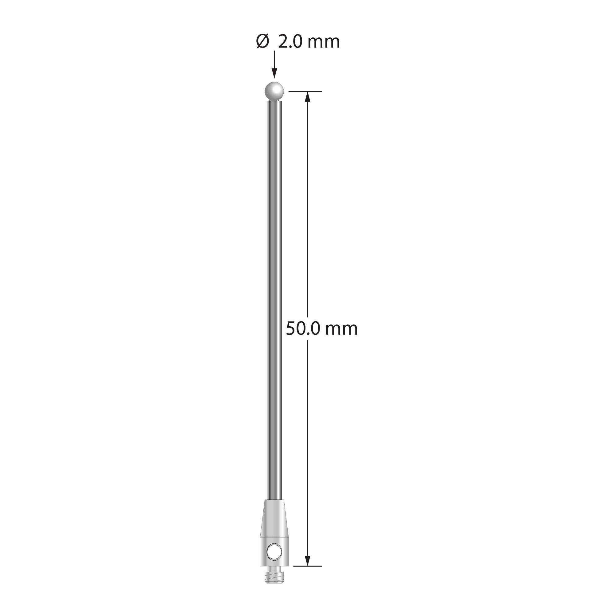 M2 stylus with 2.0 mm diameter zirconia ball, 1.5 mm diameter carbide stem, and 3.0 mm diameter x 7.0 mm long stainless steel base. Stylus length to ball center is 50.0 mm. Stylus weight is 1.46 grams.