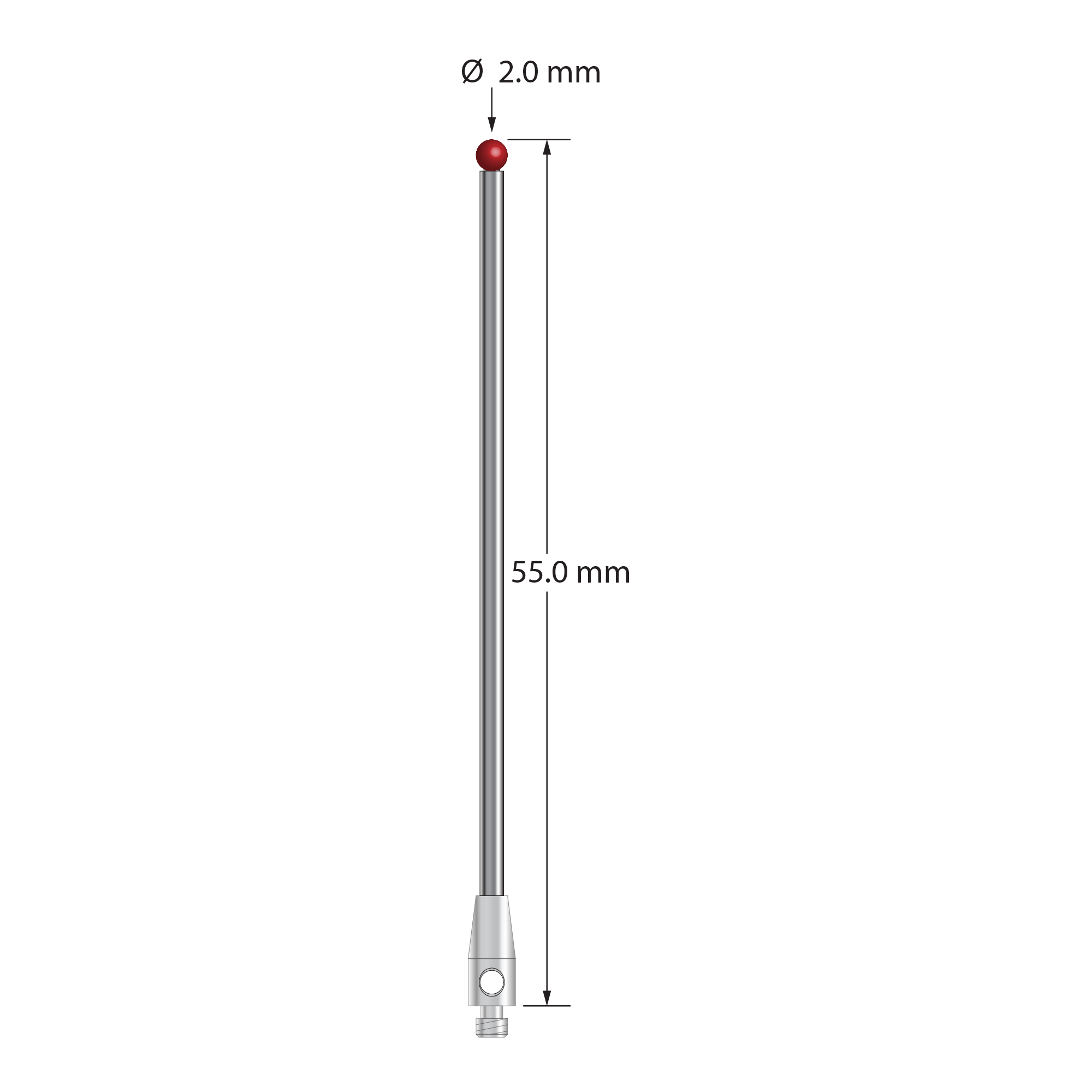M2 stylus with 2.0 mm diameter ruby ball, 1.5 mm diameter carbide stem, and 3.0 mm diameter x 7.0 mm long stainless steel base. Overall stylus length is 55.0 mm. Stylus weight is 1.54 grams.