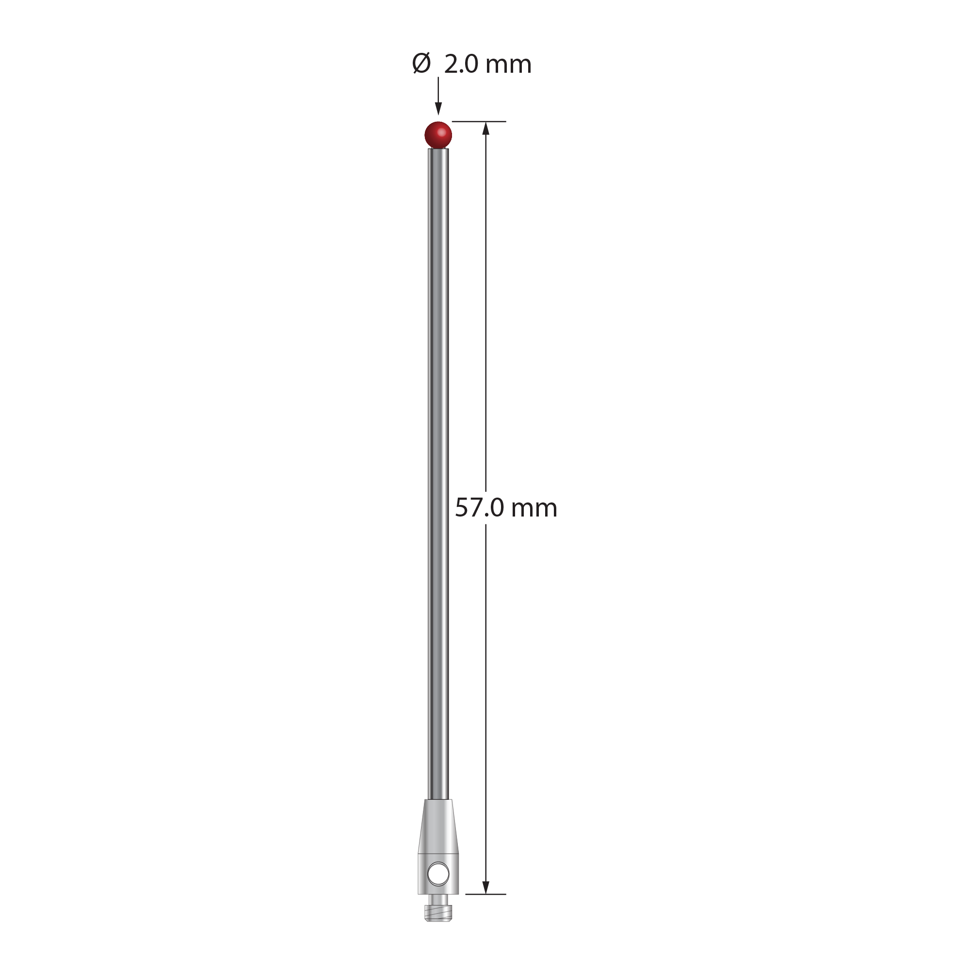 TM2-2057 M2 stylus with 2.0mm ruby ball, carbide stem, and stainless steel base, 57mm long by Q-Mark Manufacturing, Inc.