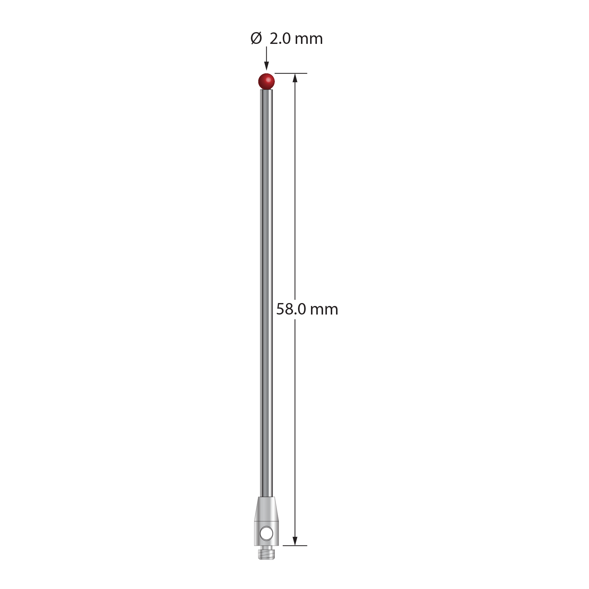 TM2-2058 M2 stylus with 2.0mm ruby ball, carbide stem, and stainless steel base, 58.0mm long by Q-Mark Manufacturing, Inc.